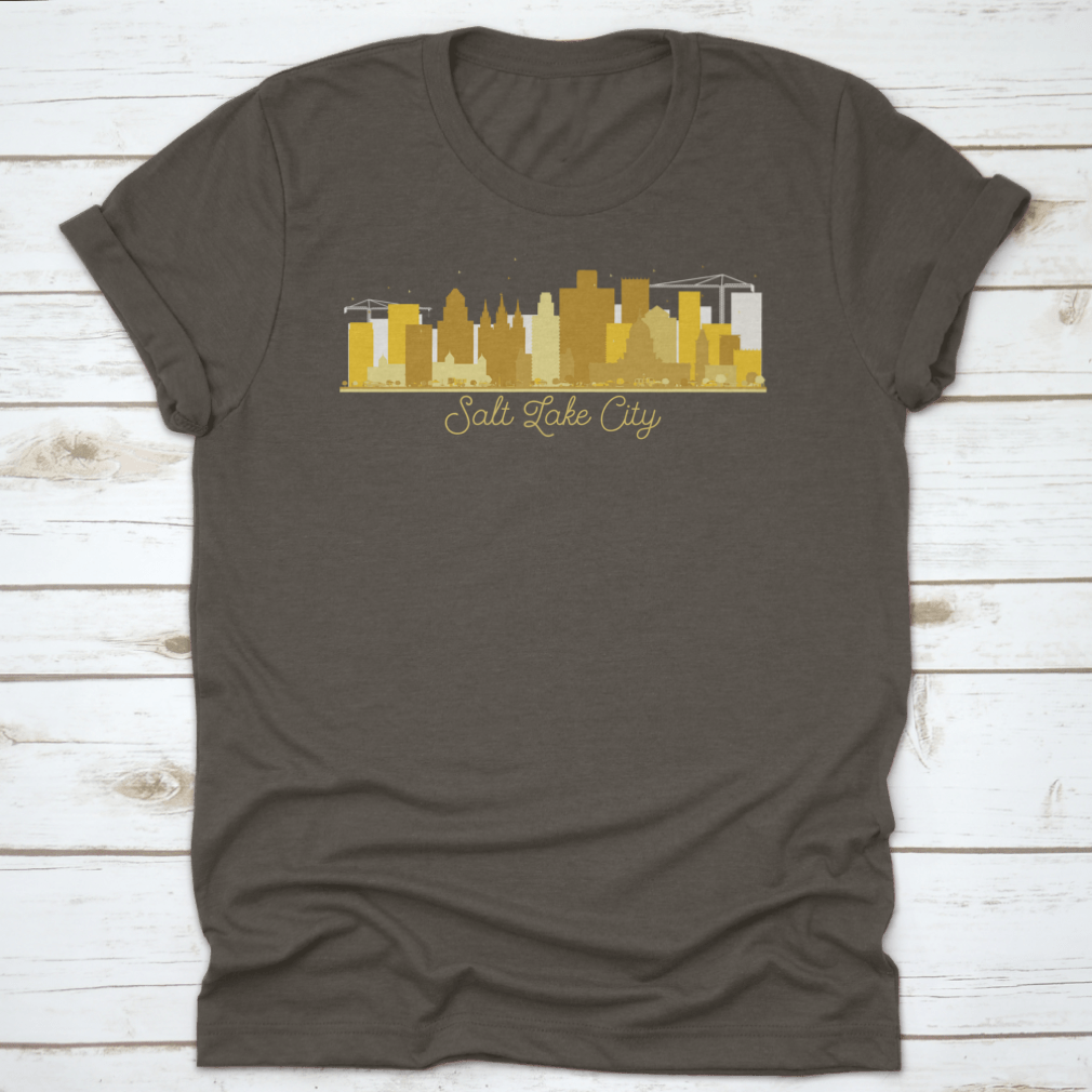 Golden silhouette of Salt Lake City skyline, showcasing iconic buildings and mountains in the background.