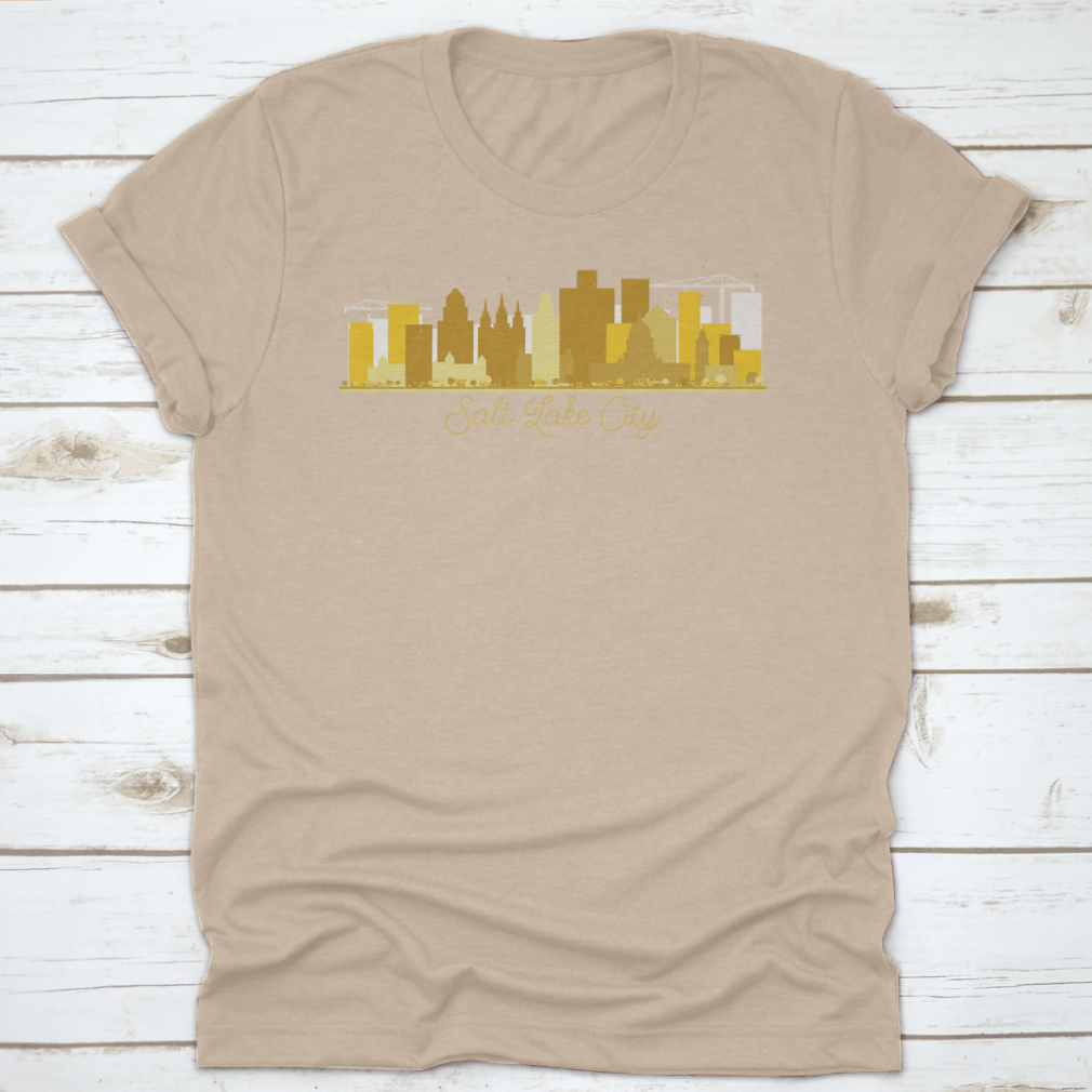 Golden silhouette of Salt Lake City skyline, showcasing iconic buildings and mountains in the background.