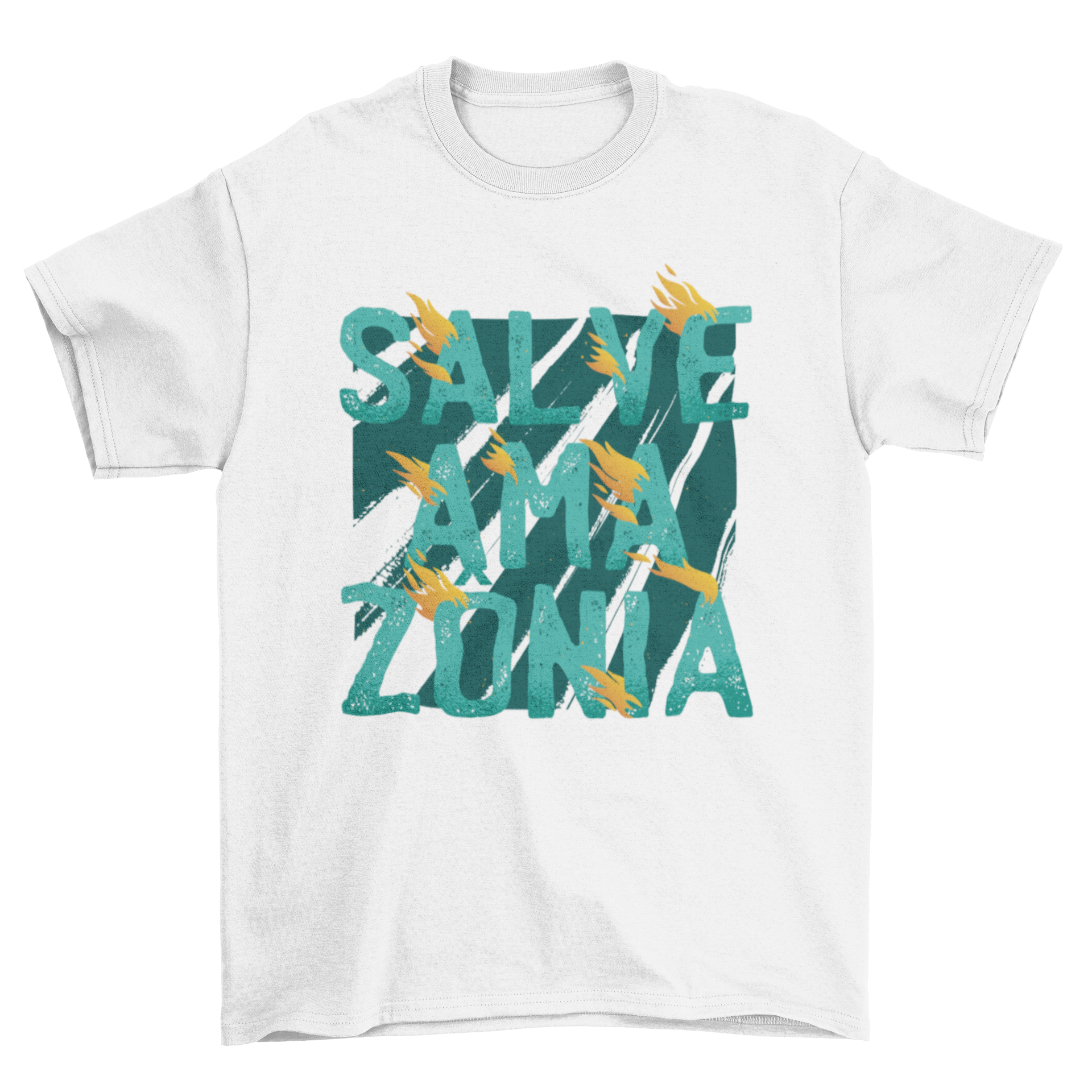 Salve Amazonia t-shirt featuring fiery lettering design promoting environmental awareness.