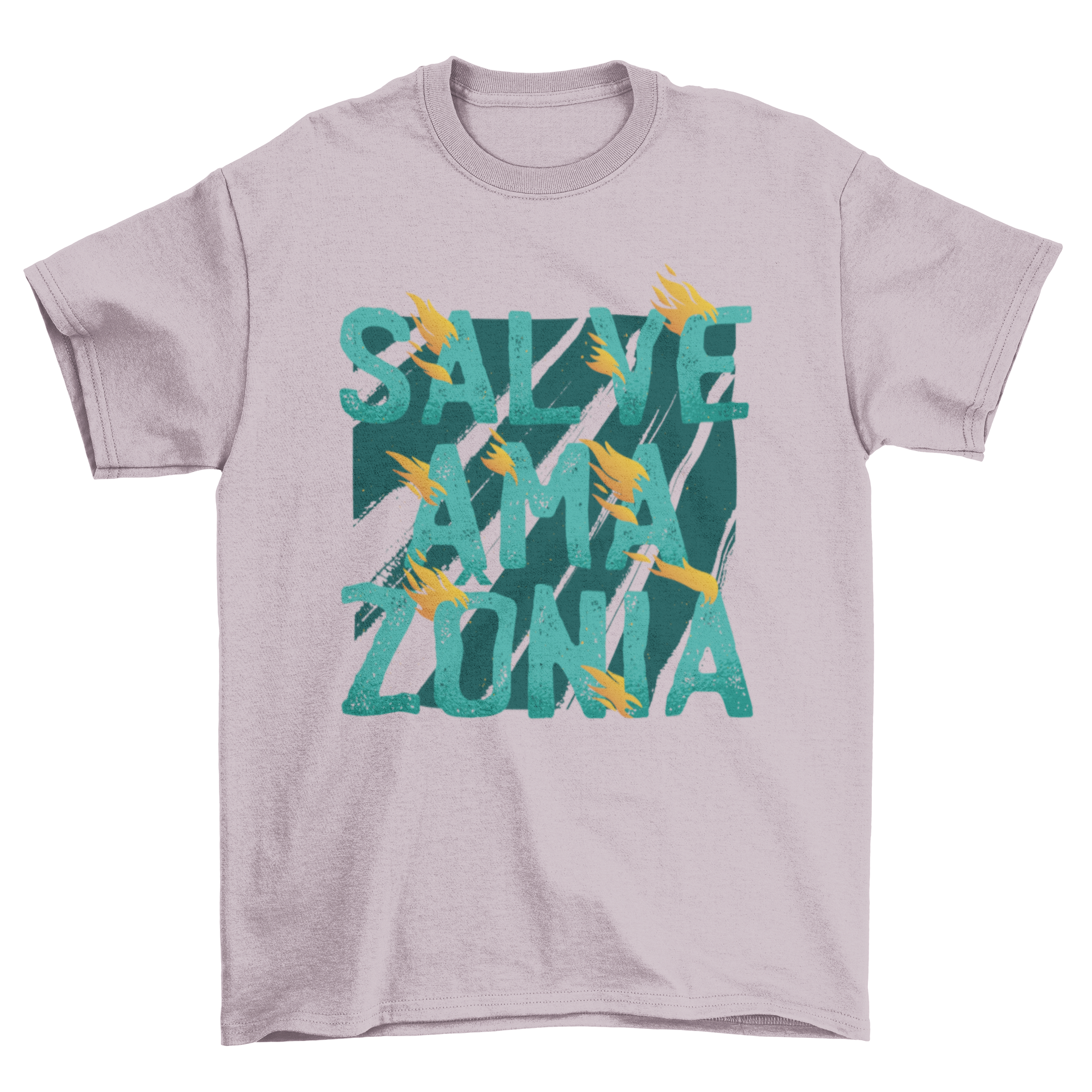 Salve Amazonia t-shirt featuring fiery lettering design promoting environmental awareness.