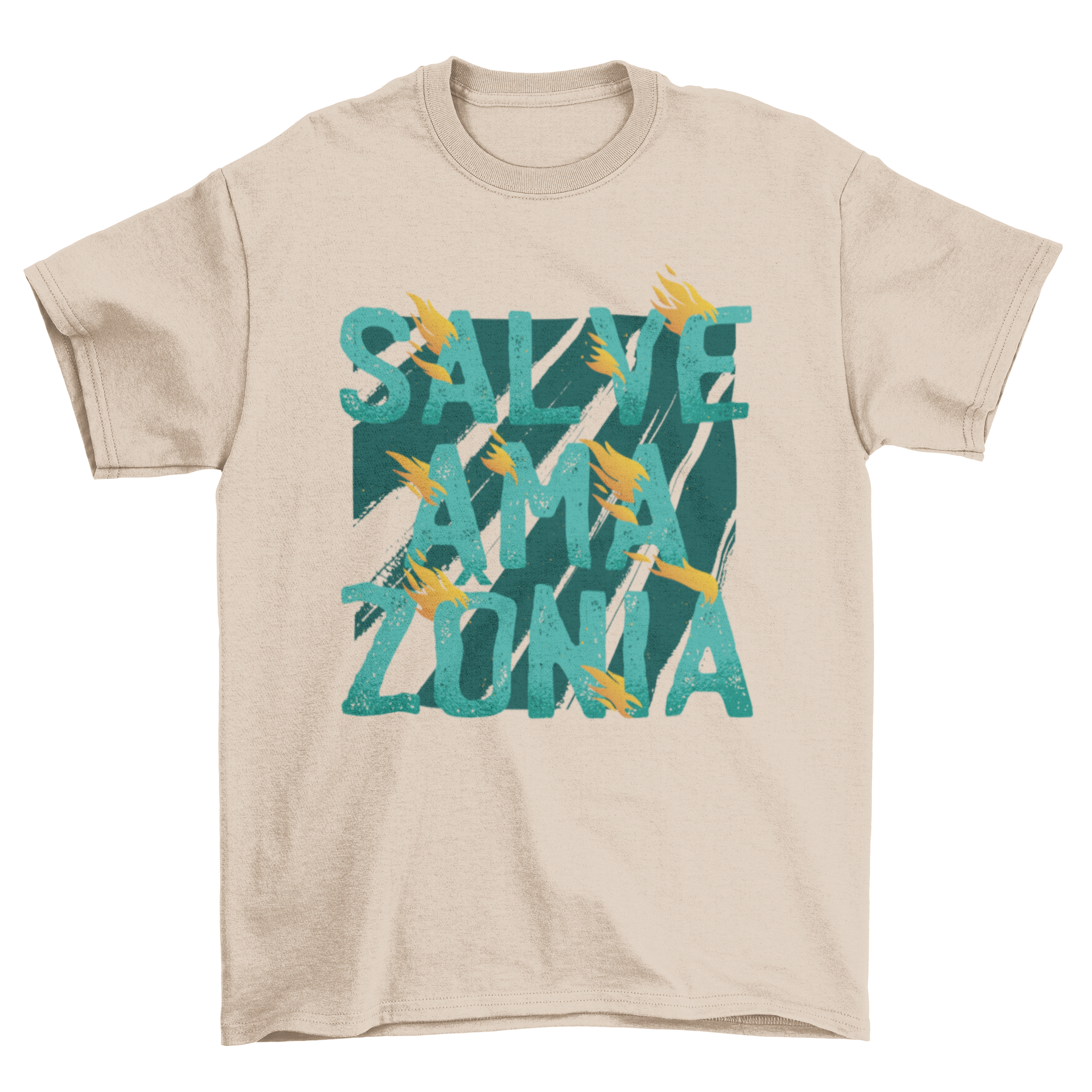 Salve Amazonia t-shirt featuring fiery lettering design promoting environmental awareness.