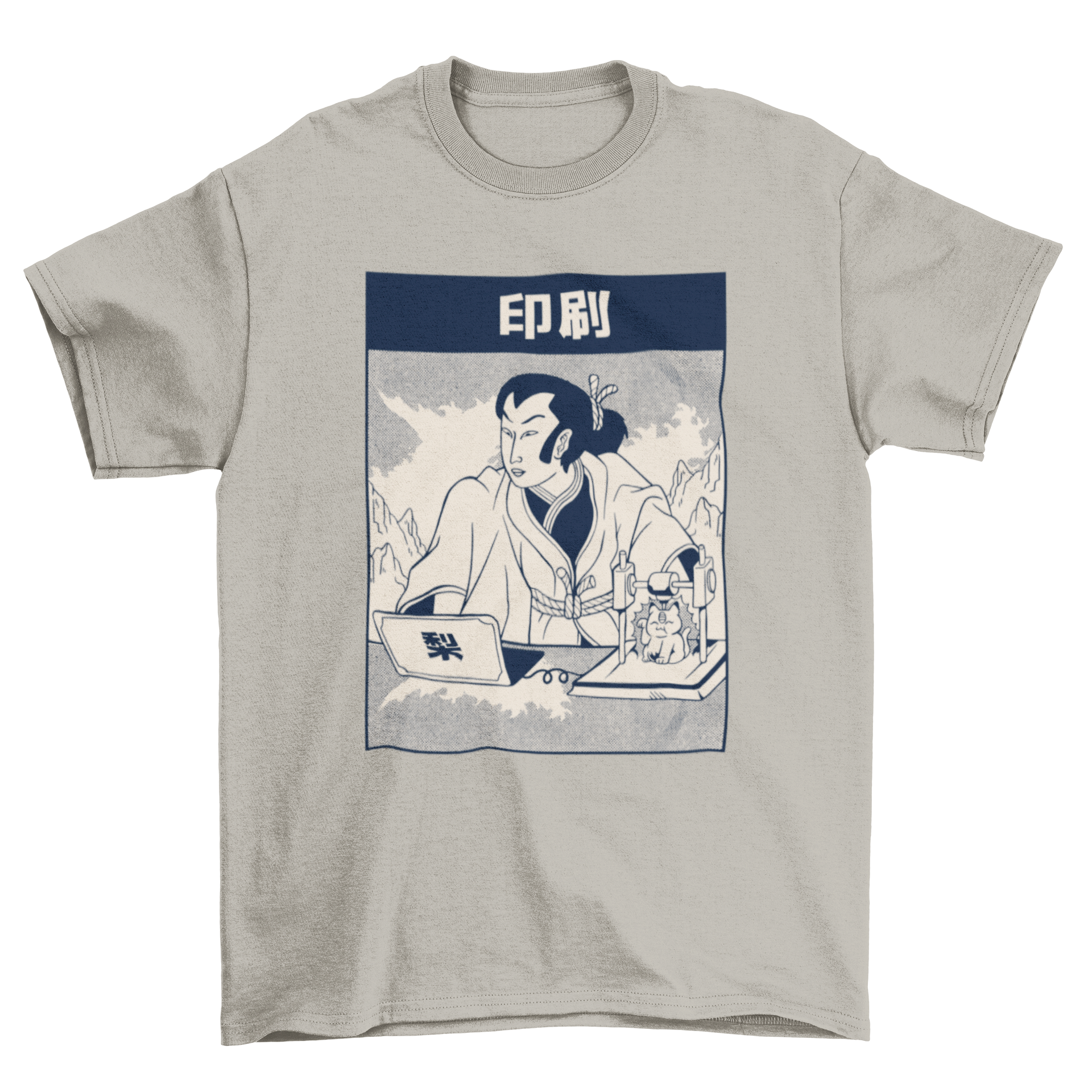 Samurai 3D printing t-shirt featuring a Samurai operating a 3D printer in ukiyo style art.