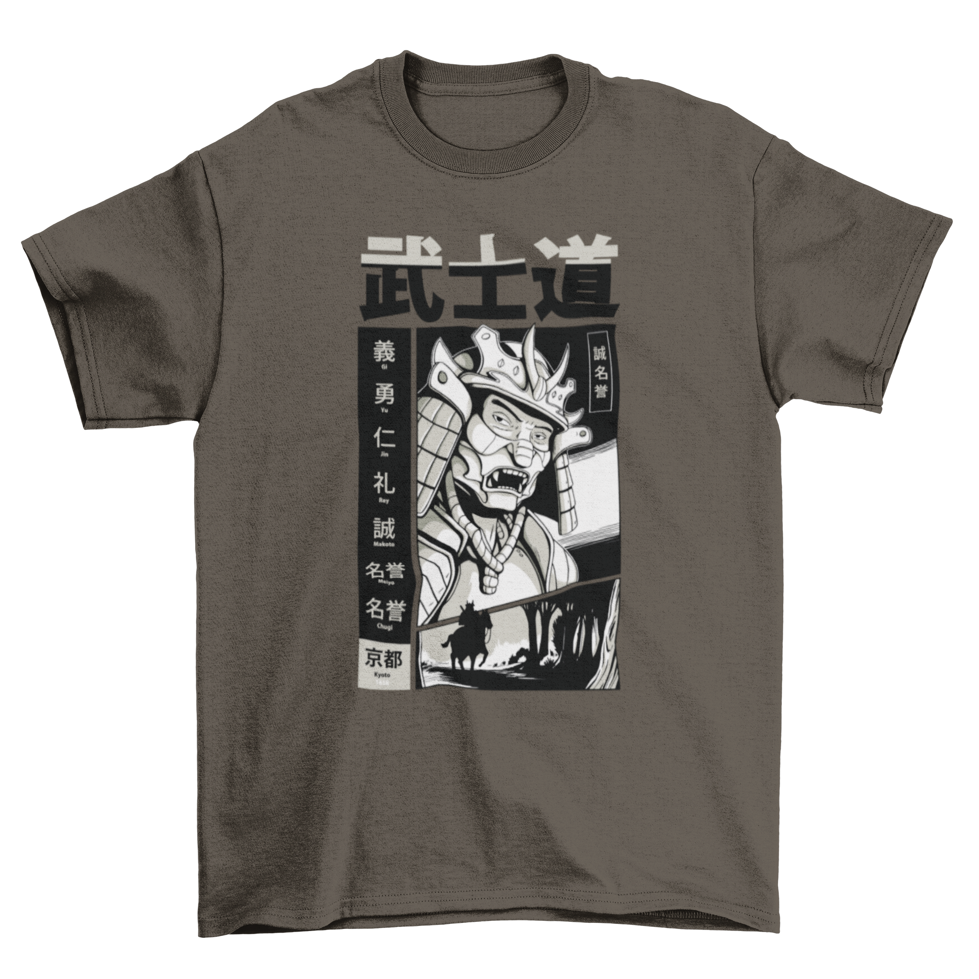 A stylish t-shirt featuring a samurai in traditional Bushido attire, showcasing intricate design and vibrant colors.