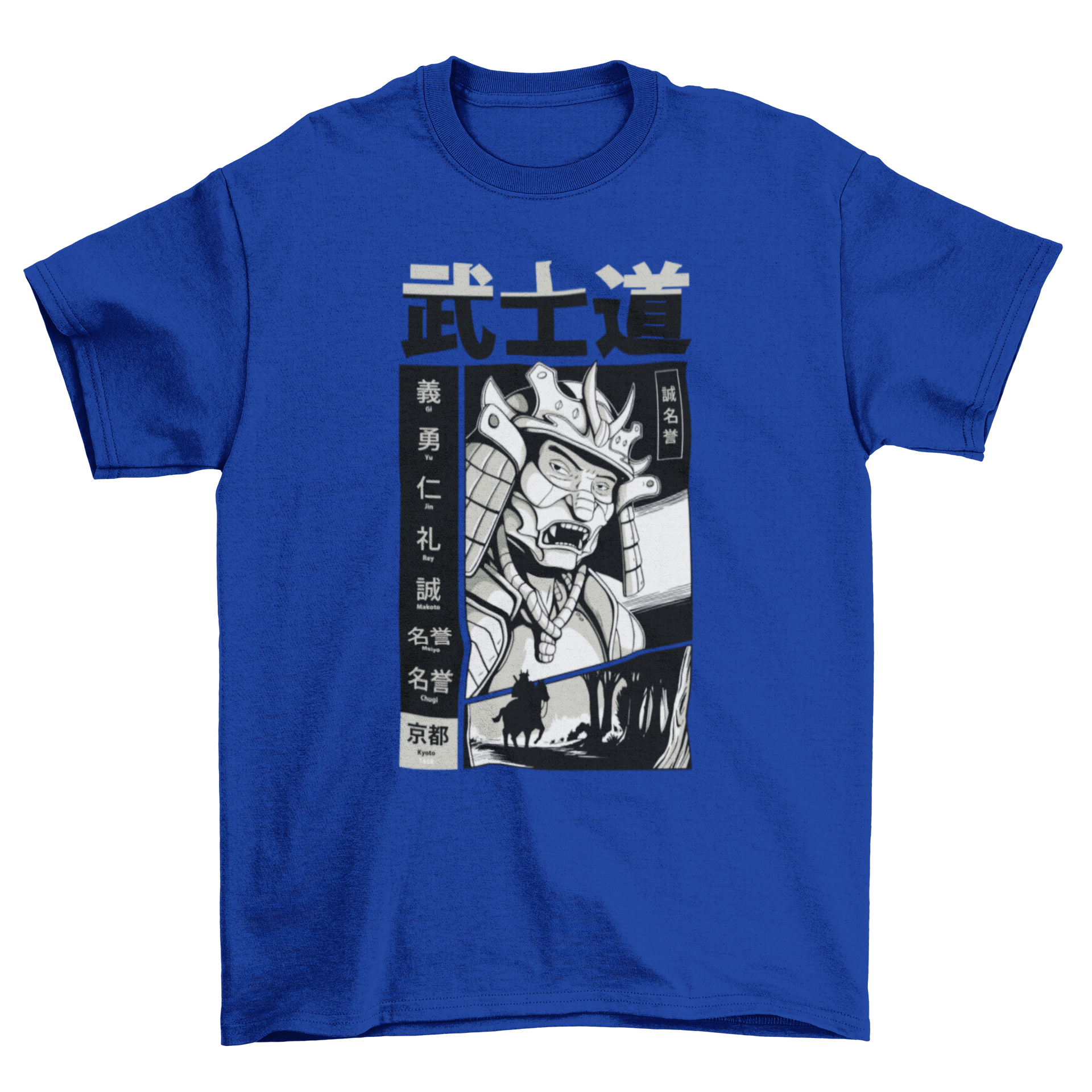 A stylish t-shirt featuring a samurai in traditional Bushido attire, showcasing intricate design and vibrant colors.