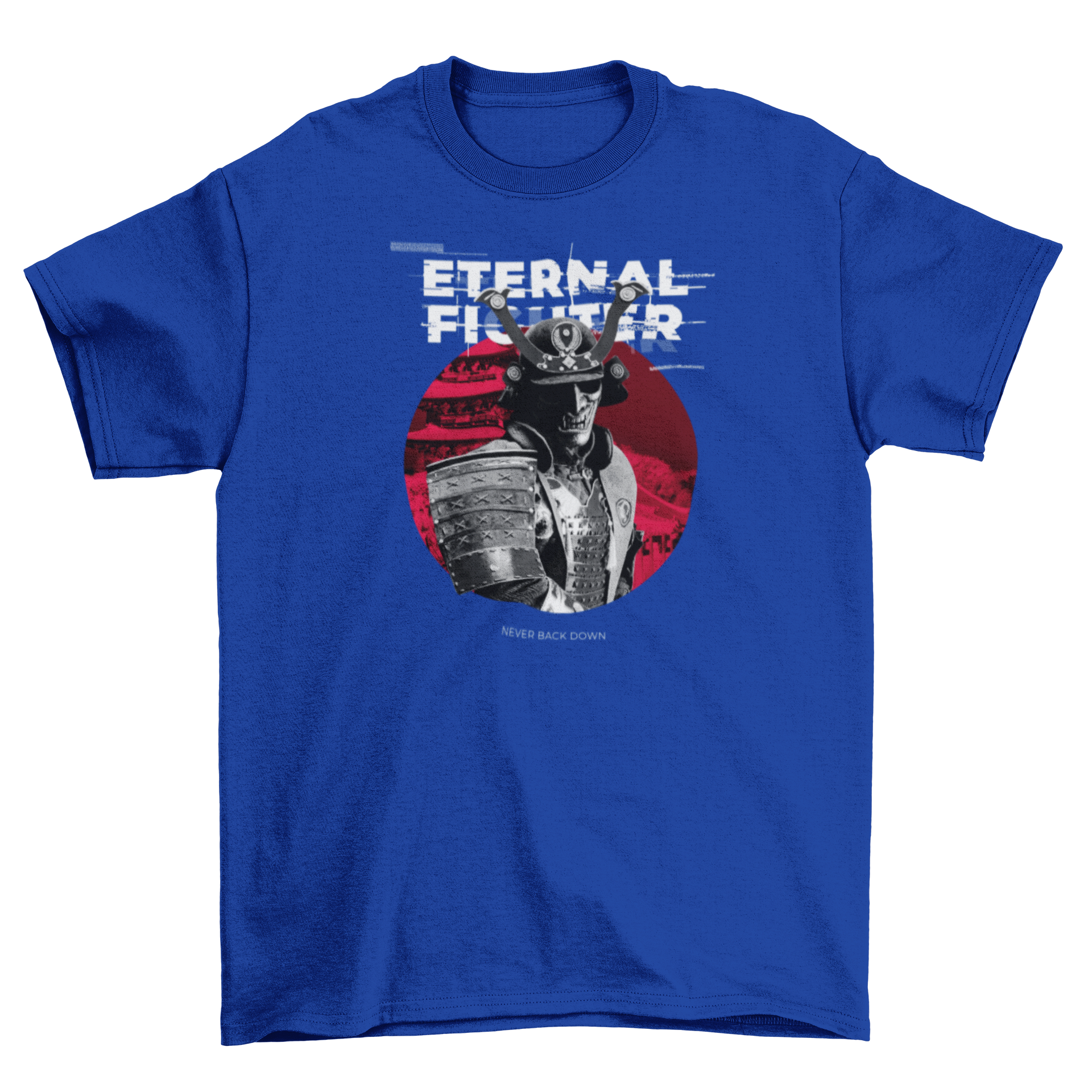 Samurai Fighter T-Shirt featuring a detailed samurai character and the quote 'Eternal Fighter' in a photographic style.