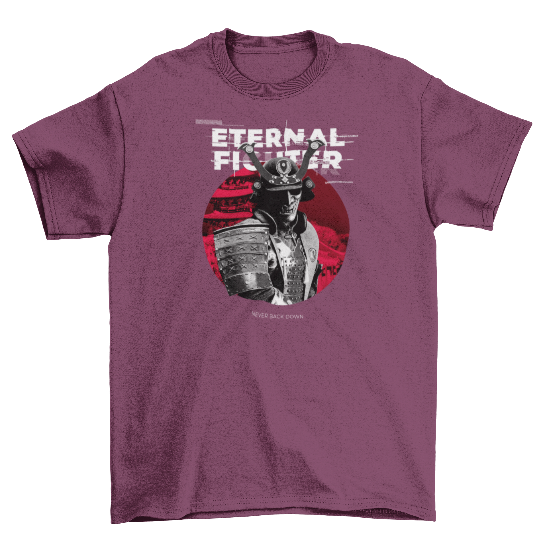 Samurai Fighter T-Shirt featuring a detailed samurai character and the quote 'Eternal Fighter' in a photographic style.