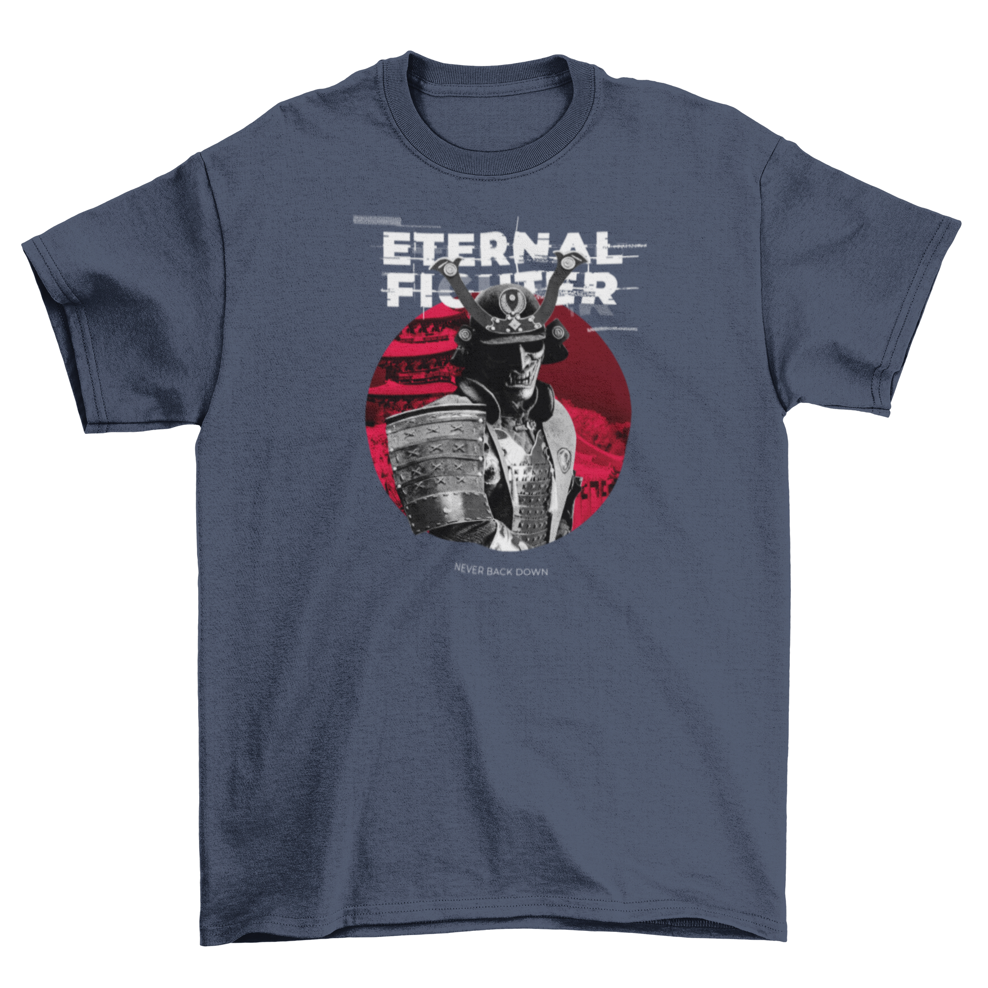 Samurai Fighter T-Shirt featuring a detailed samurai character and the quote 'Eternal Fighter' in a photographic style.