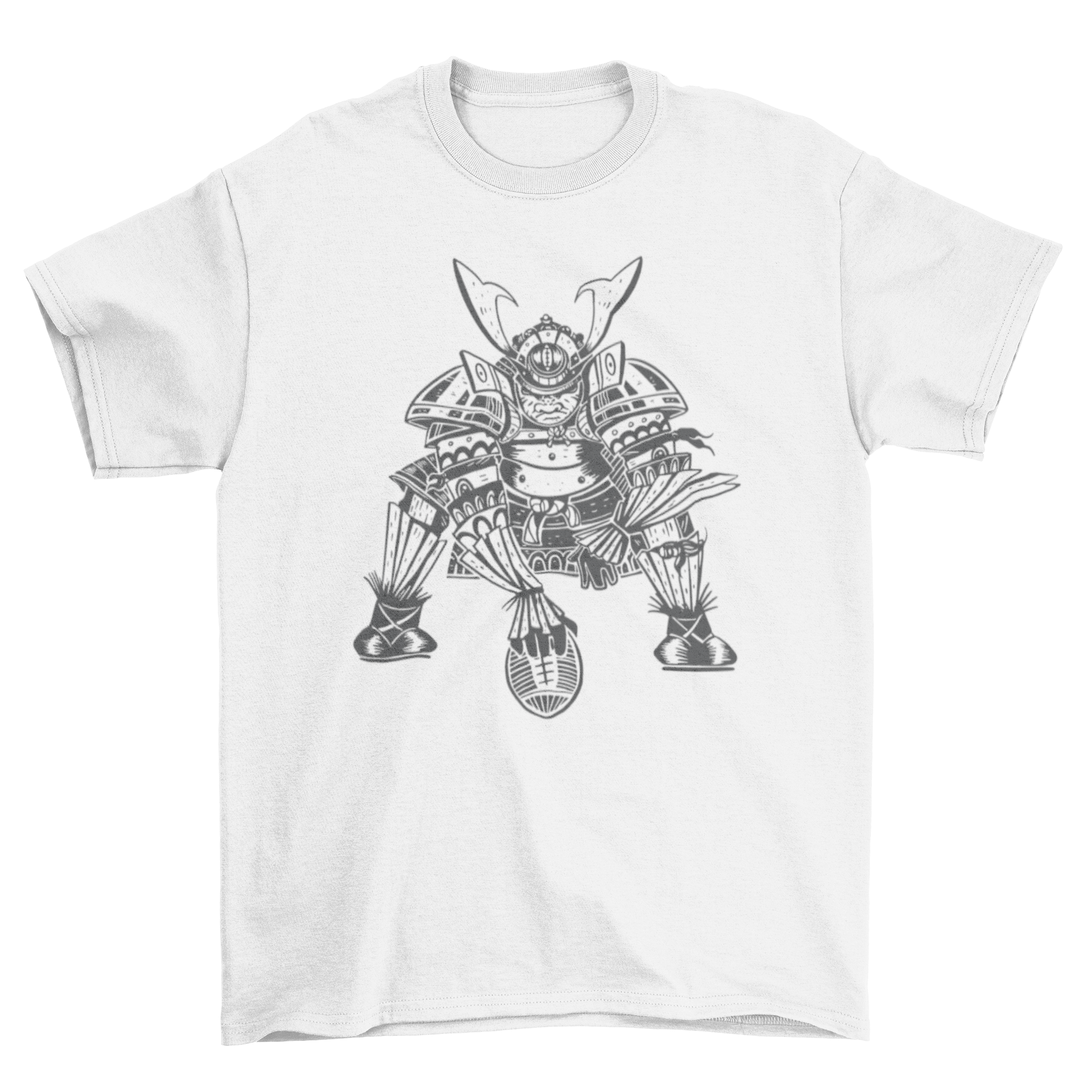 A stylish t-shirt featuring a hand-drawn samurai playing football, showcasing a unique blend of culture and sport.