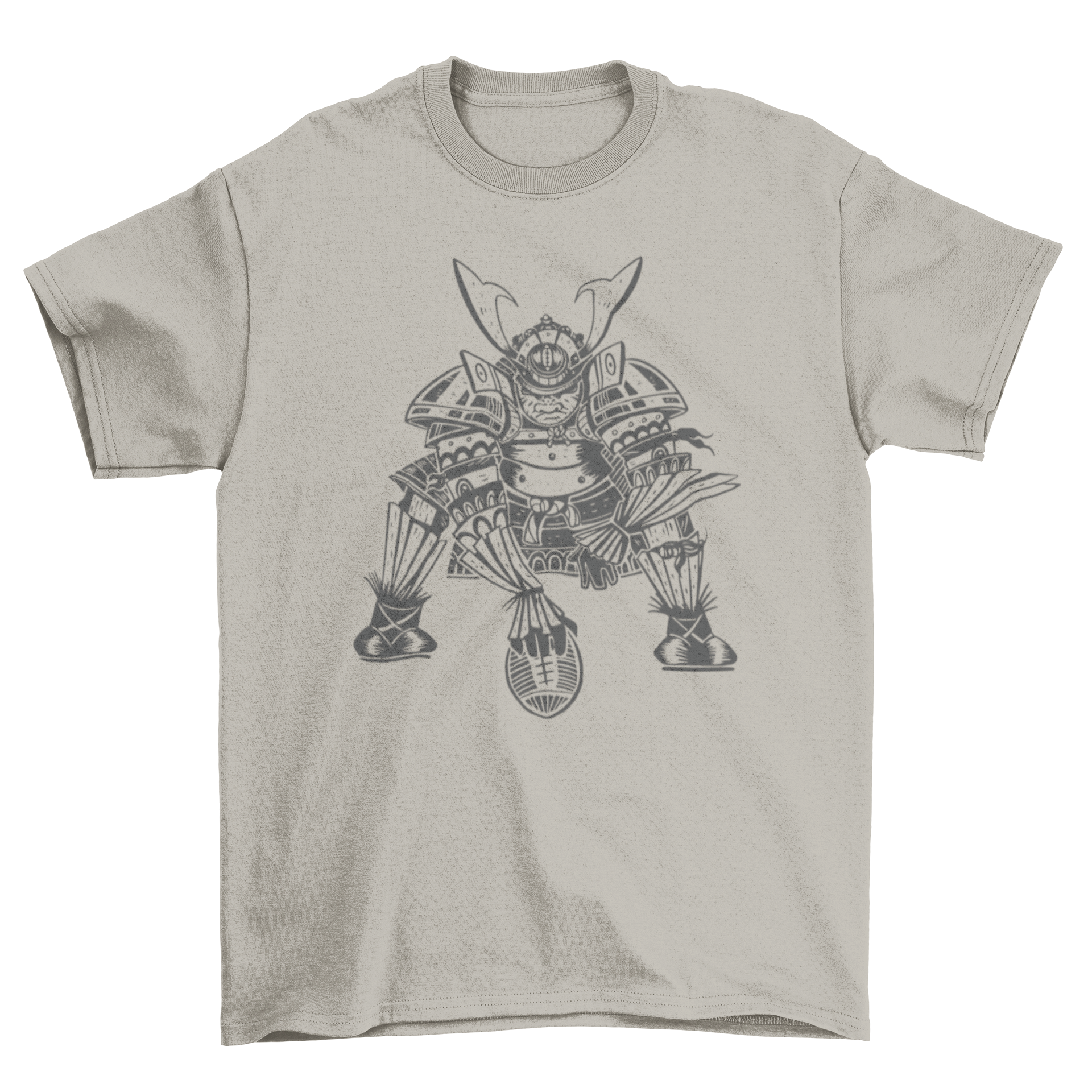 A stylish t-shirt featuring a hand-drawn samurai playing football, showcasing a unique blend of culture and sport.