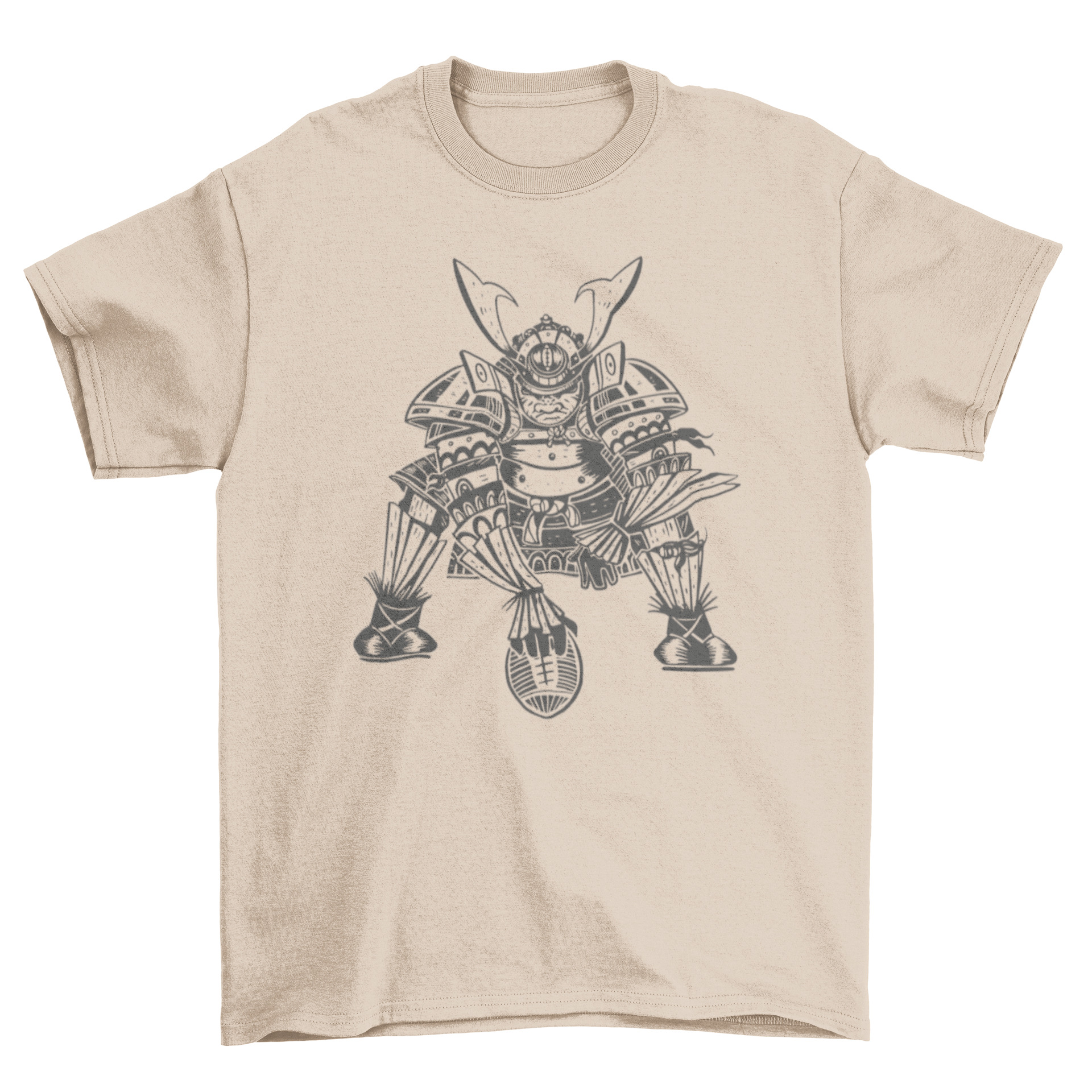 A stylish t-shirt featuring a hand-drawn samurai playing football, showcasing a unique blend of culture and sport.