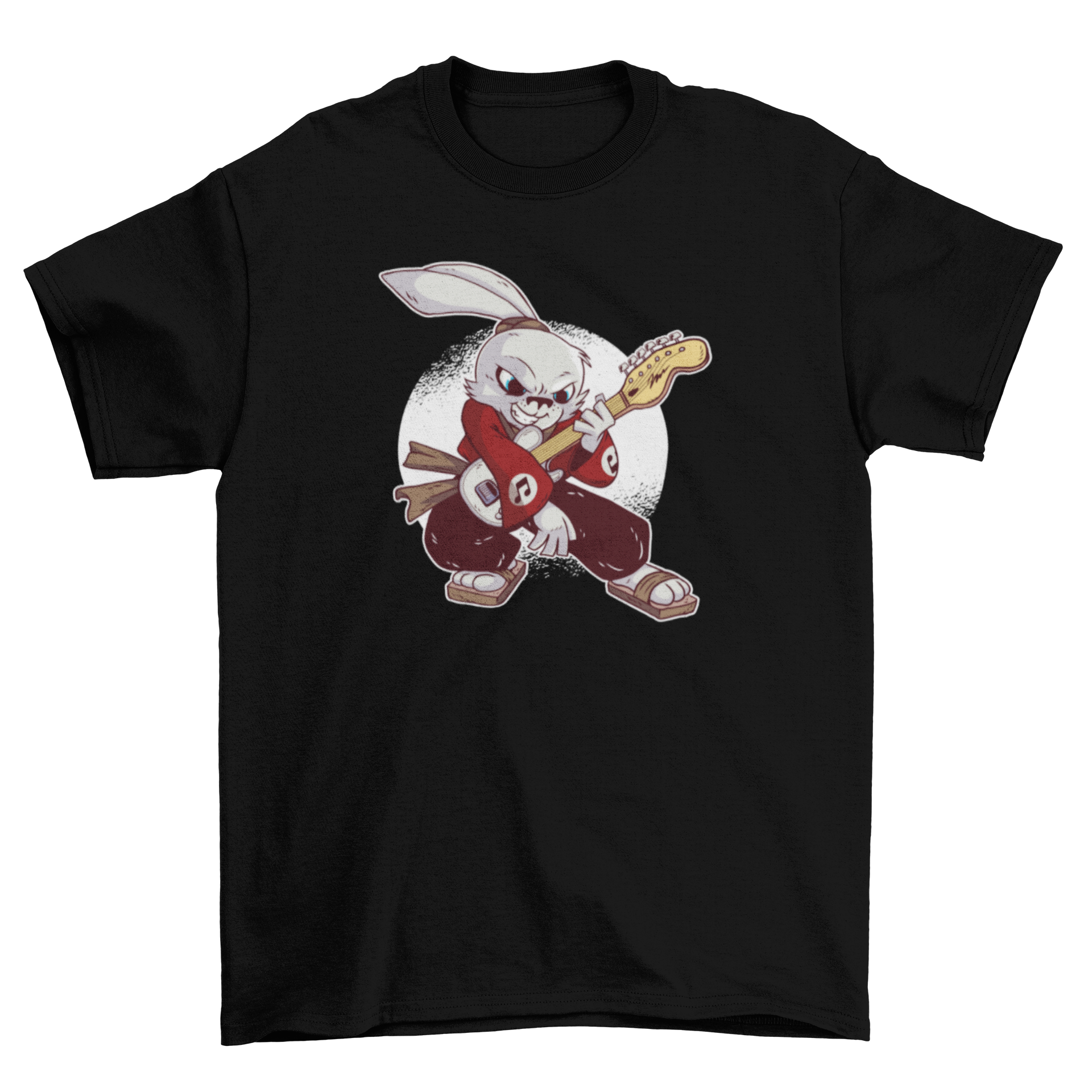 Samurai Guitarist Rabbit T-Shirt featuring a white rabbit playing guitar in a dynamic pose.