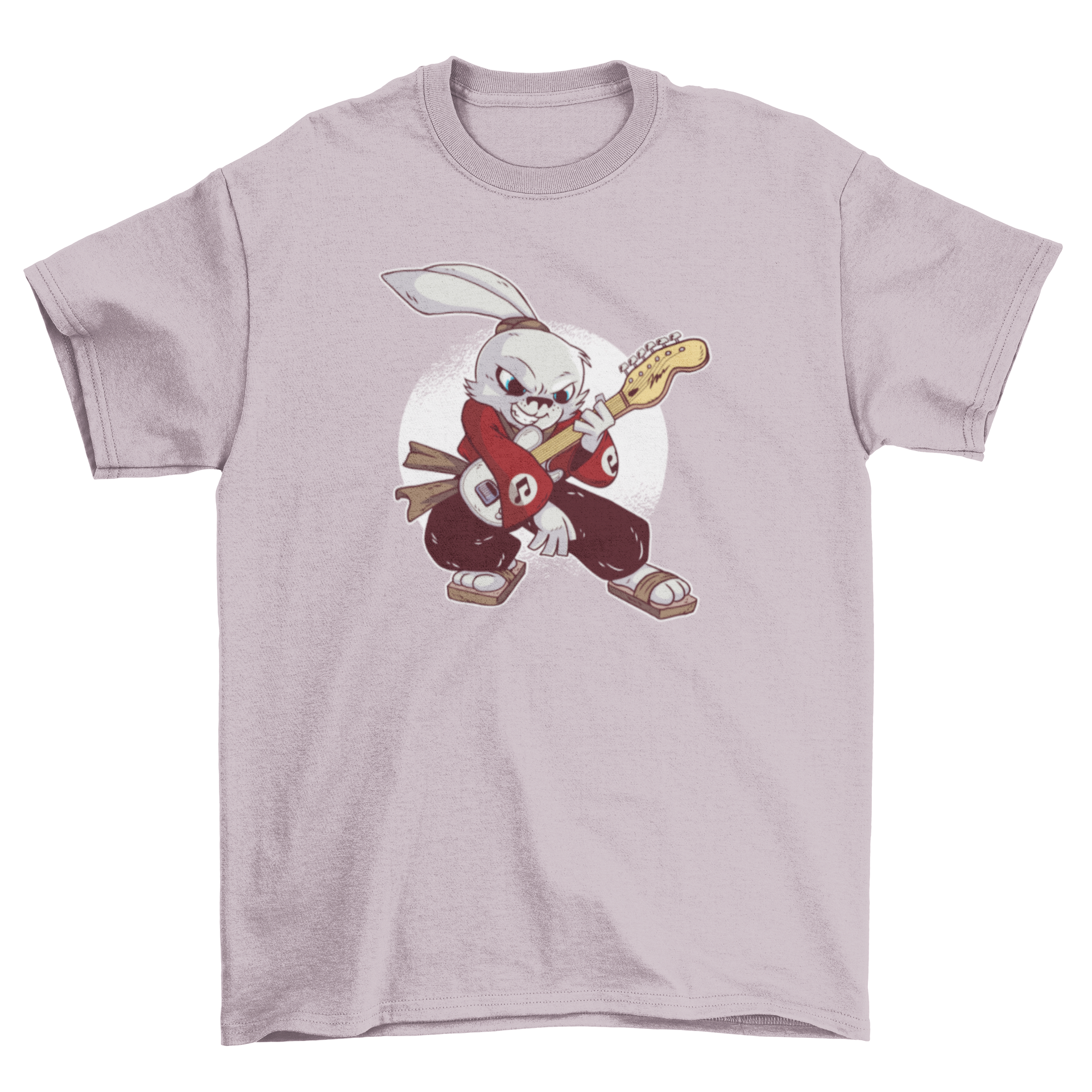 Samurai Guitarist Rabbit T-Shirt featuring a white rabbit playing guitar in a dynamic pose.