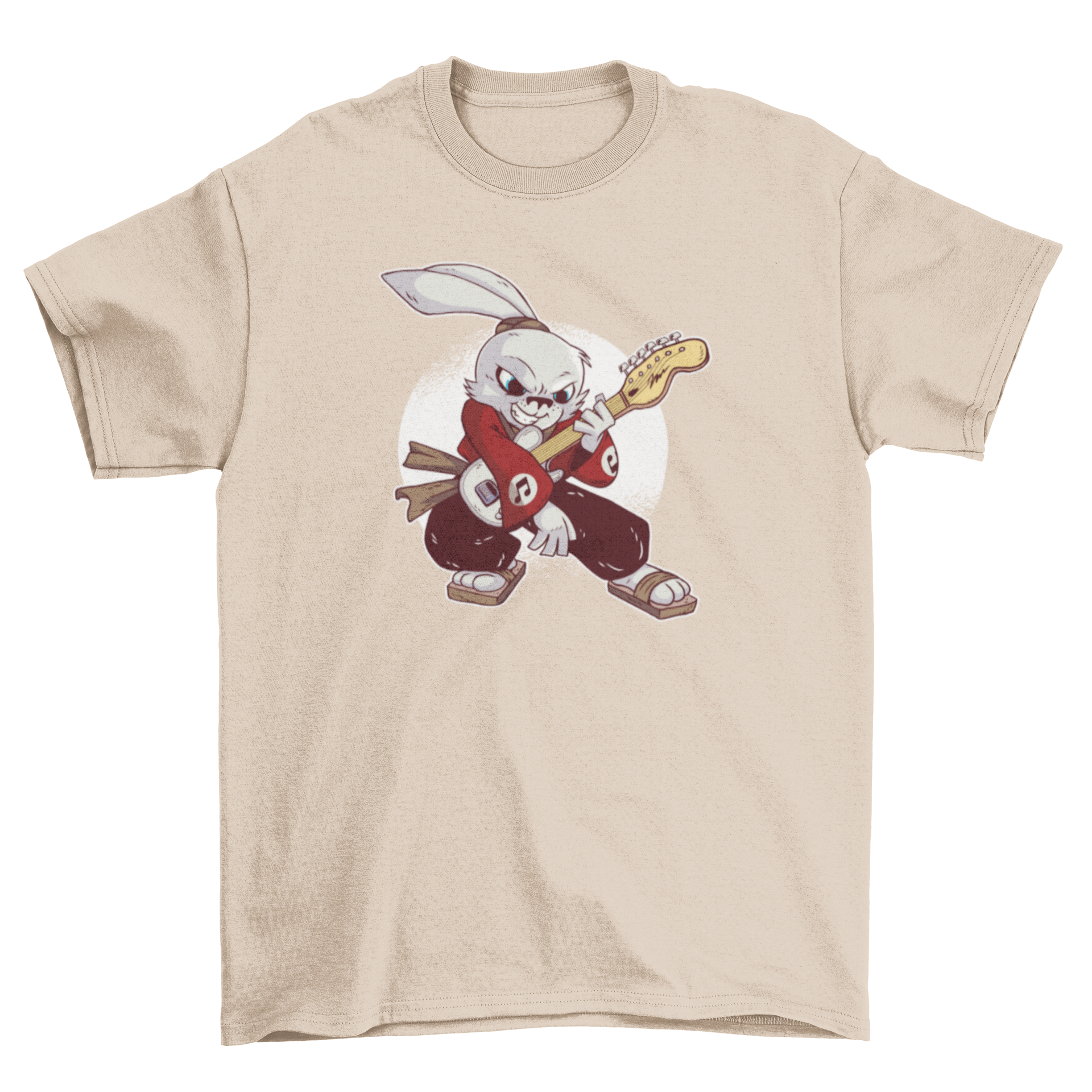 Samurai Guitarist Rabbit T-Shirt featuring a white rabbit playing guitar in a dynamic pose.