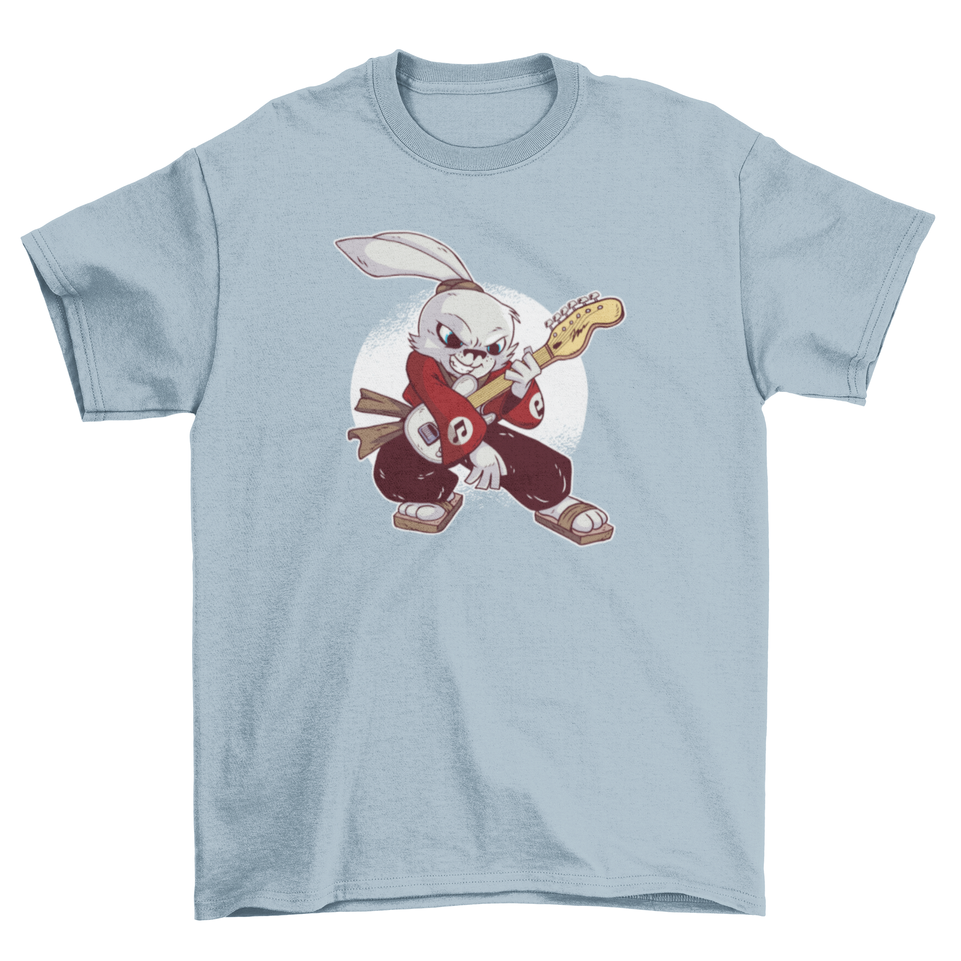 Samurai Guitarist Rabbit T-Shirt featuring a white rabbit playing guitar in a dynamic pose.