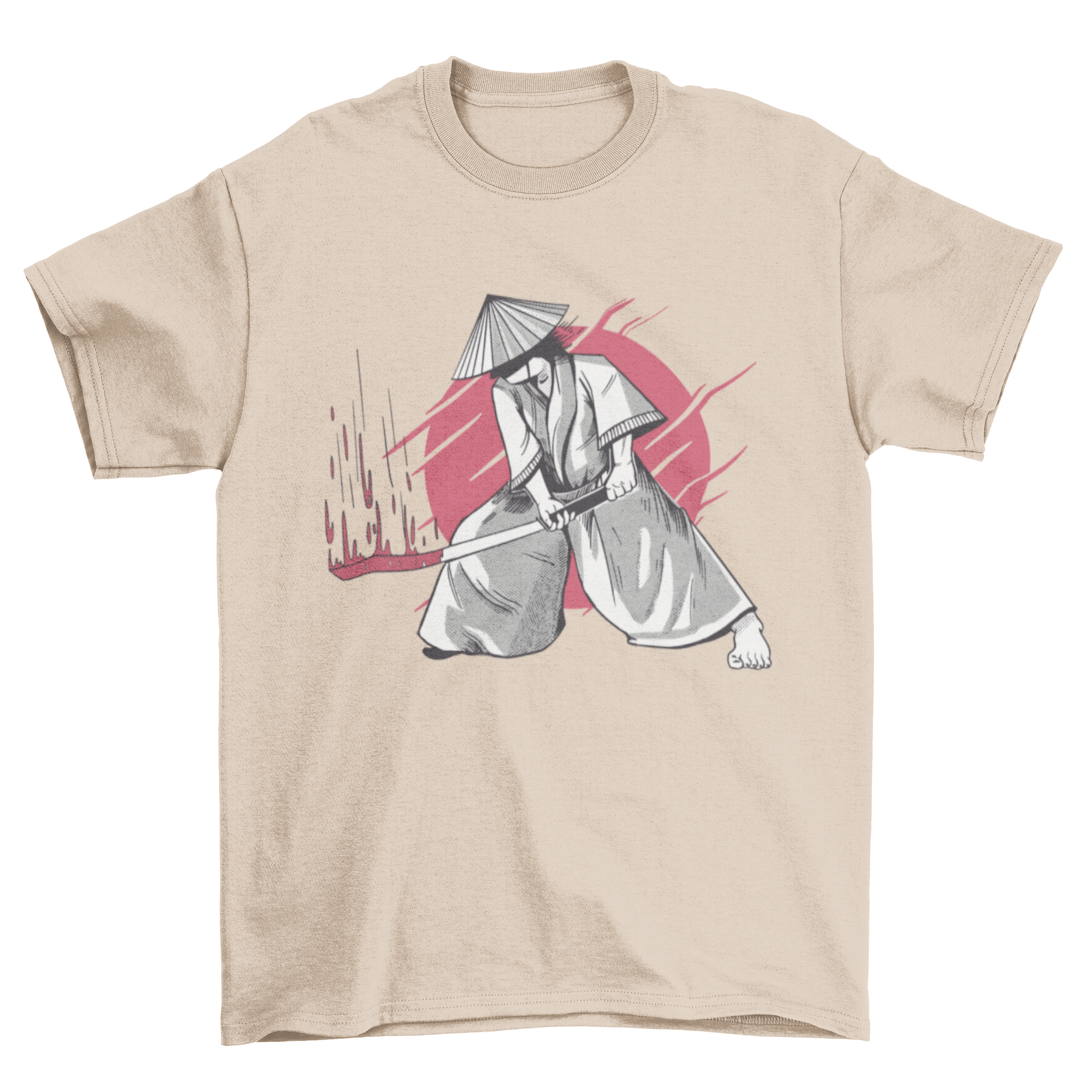 A stylish t-shirt featuring a samurai holding a blood-stained katana, showcasing intricate design details.