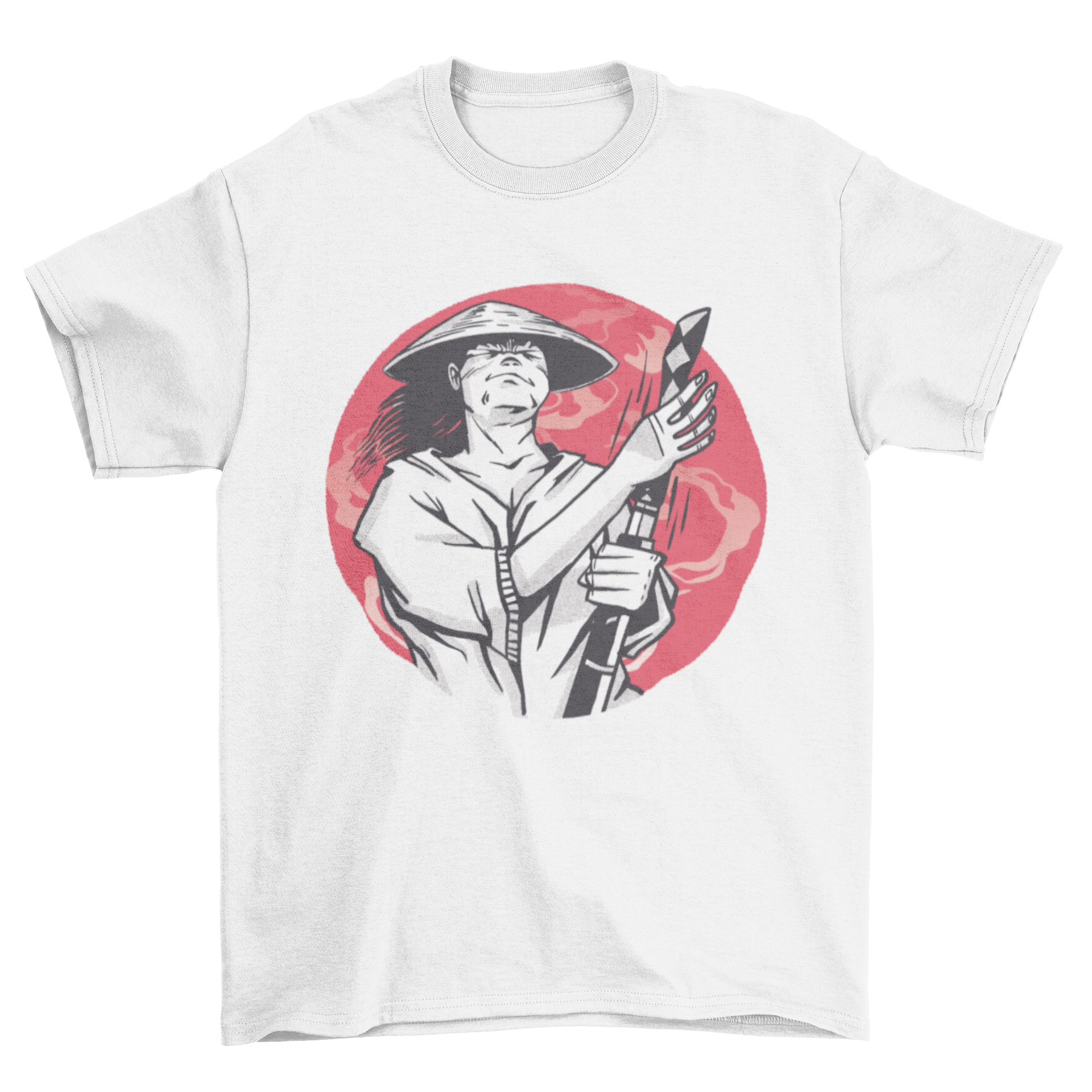 Samurai katana weapon t-shirt featuring a samurai against a red moon, showcasing a unique and vibrant design.