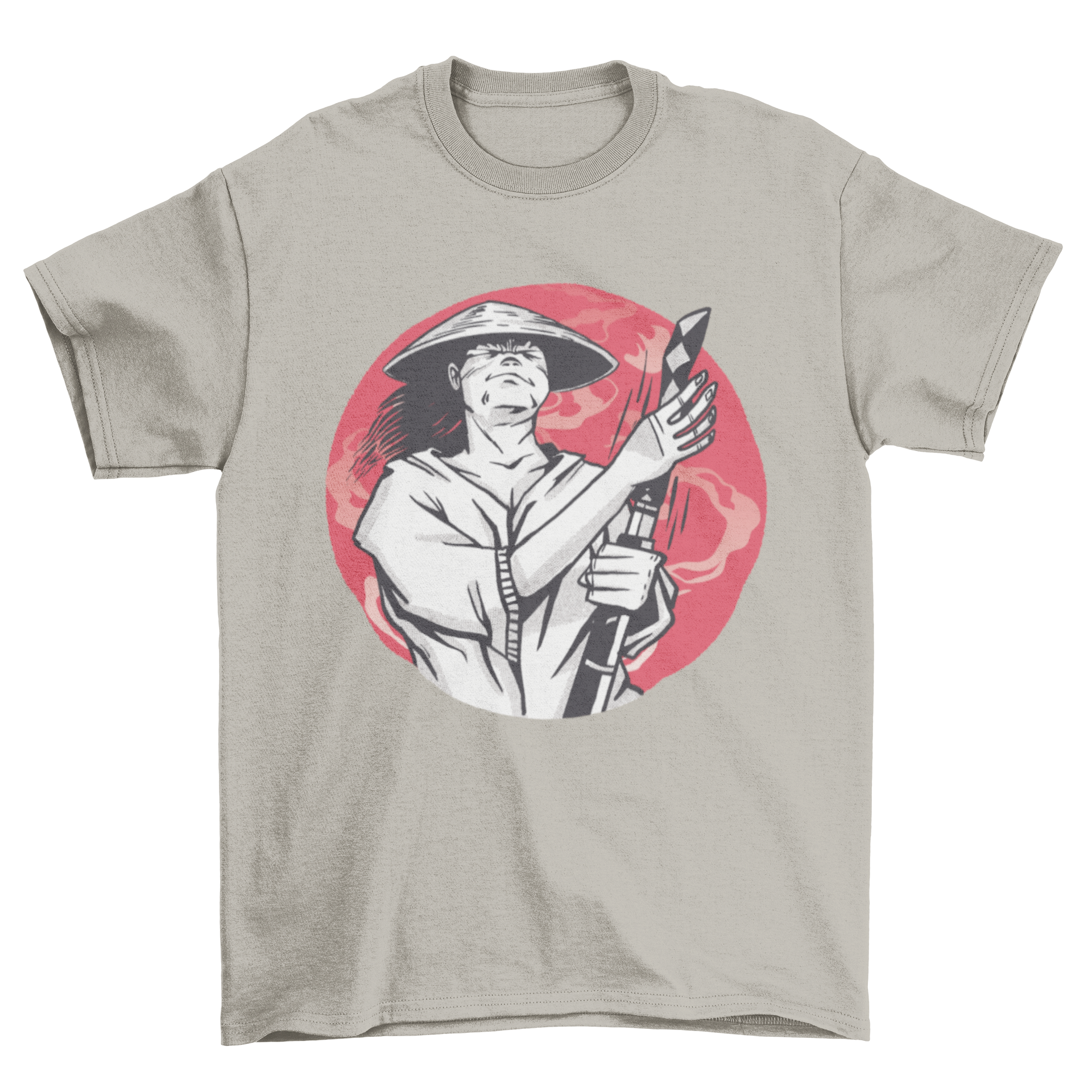 Samurai katana weapon t-shirt featuring a samurai against a red moon, showcasing a unique and vibrant design.