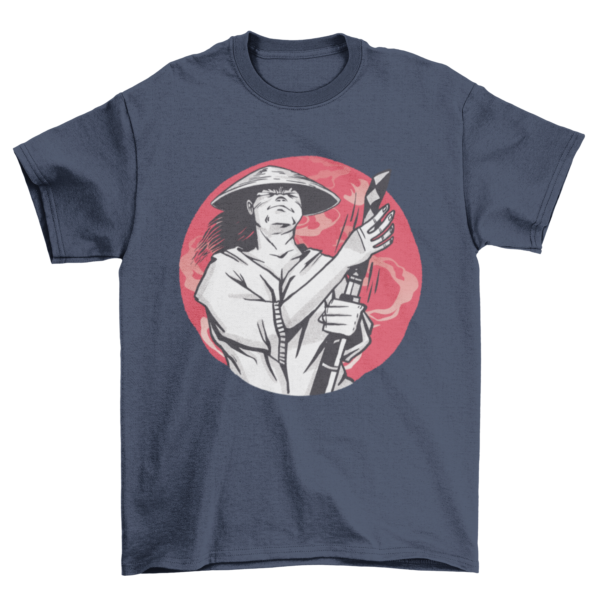 Samurai katana weapon t-shirt featuring a samurai against a red moon, showcasing a unique and vibrant design.