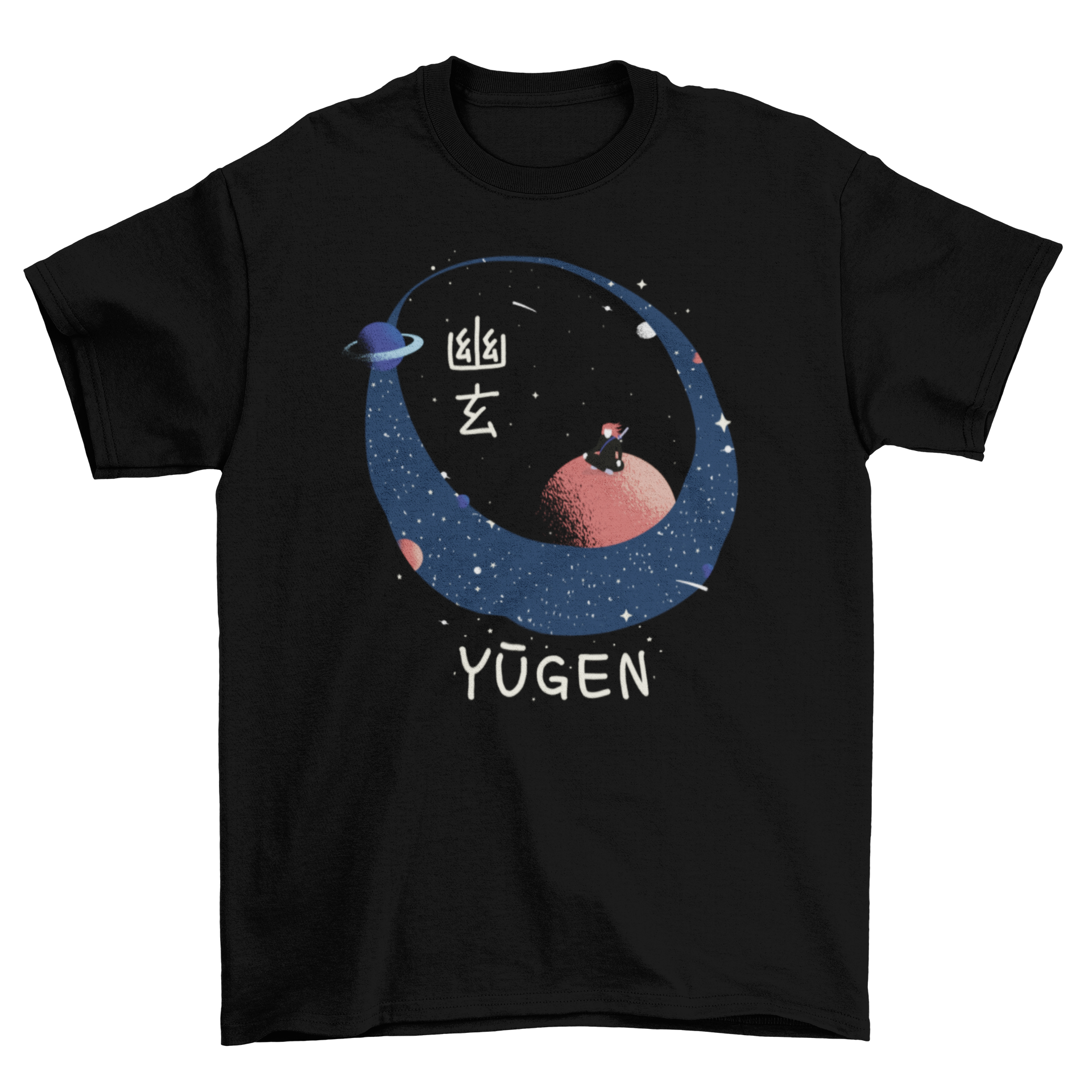 A stylish t-shirt featuring a samurai standing on the moon with Japanese text symbolizing the universe's hidden beauty.