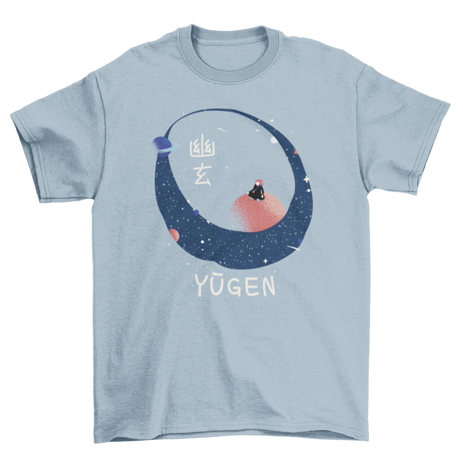 A stylish t-shirt featuring a samurai standing on the moon with Japanese text symbolizing the universe's hidden beauty.