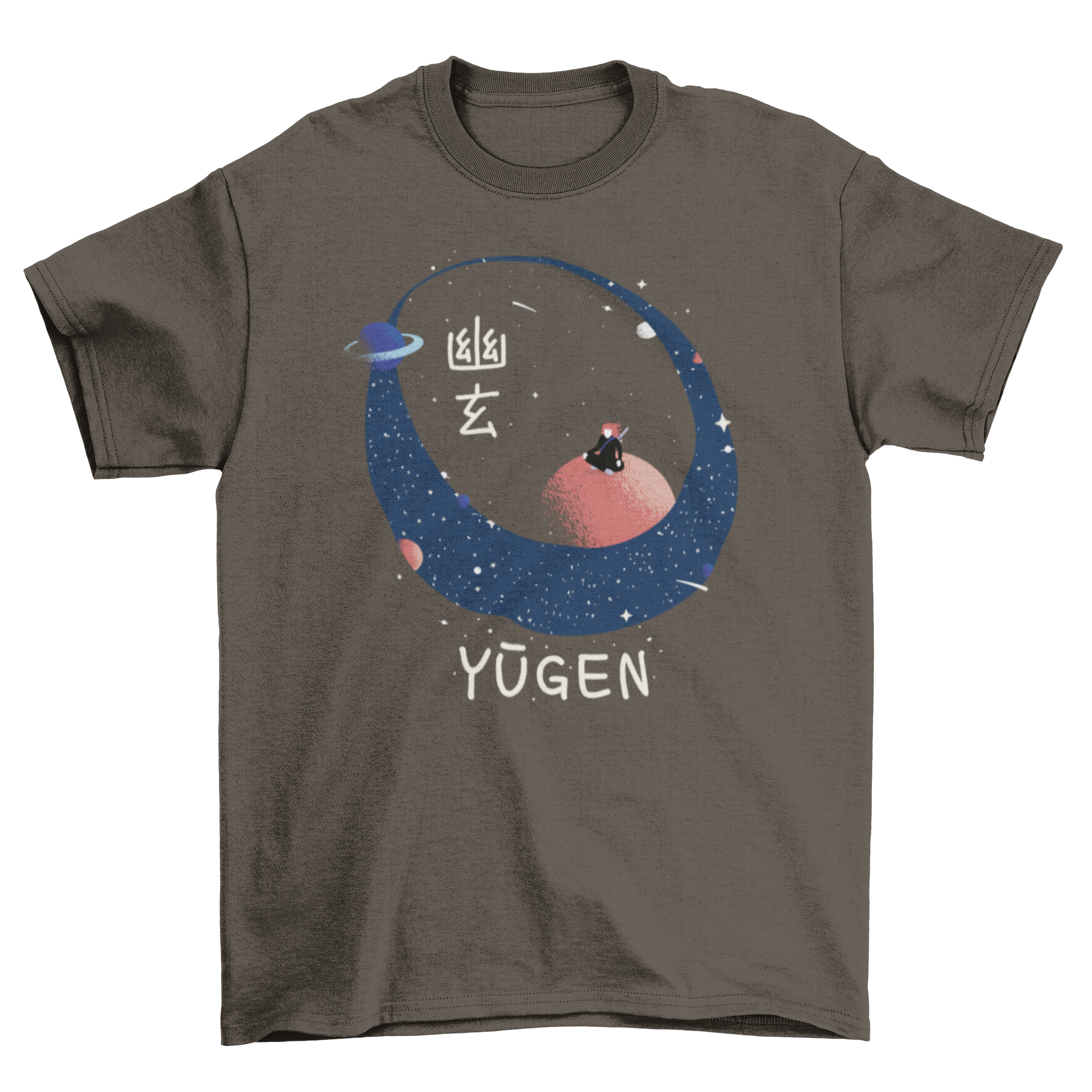 A stylish t-shirt featuring a samurai standing on the moon with Japanese text symbolizing the universe's hidden beauty.