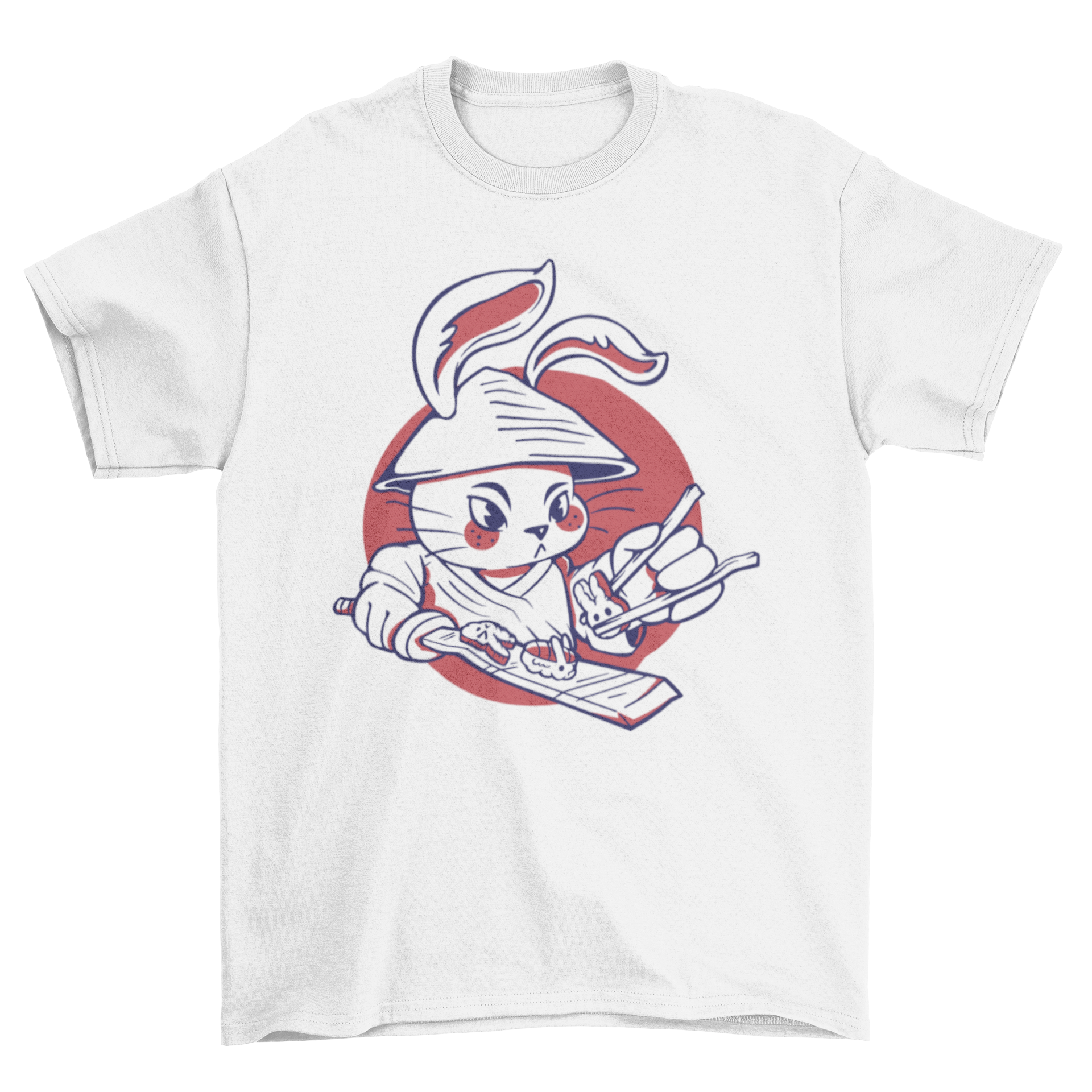 A stylish t-shirt featuring a samurai rabbit skillfully making sushi, showcasing vibrant colors and intricate design.