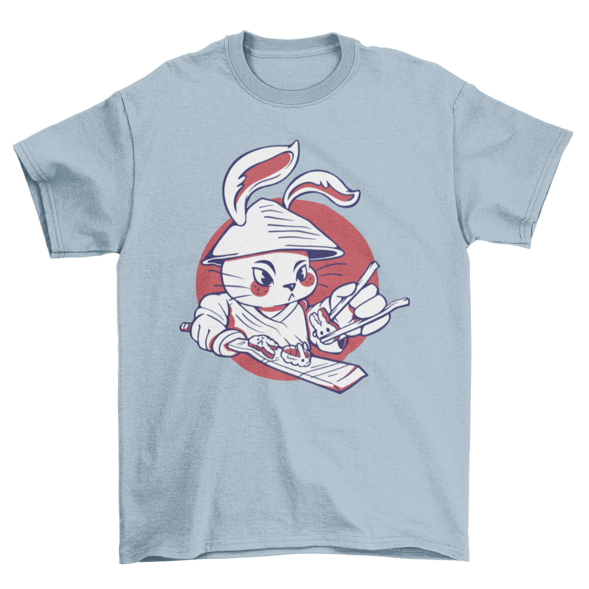 A stylish t-shirt featuring a samurai rabbit skillfully making sushi, showcasing vibrant colors and intricate design.