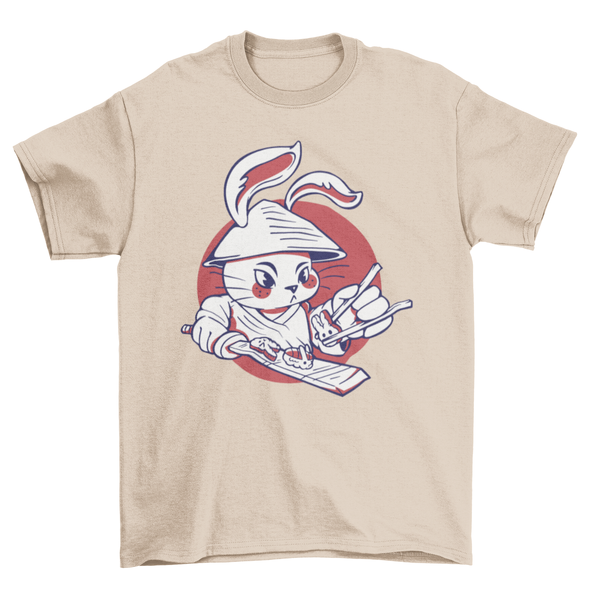 A stylish t-shirt featuring a samurai rabbit skillfully making sushi, showcasing vibrant colors and intricate design.