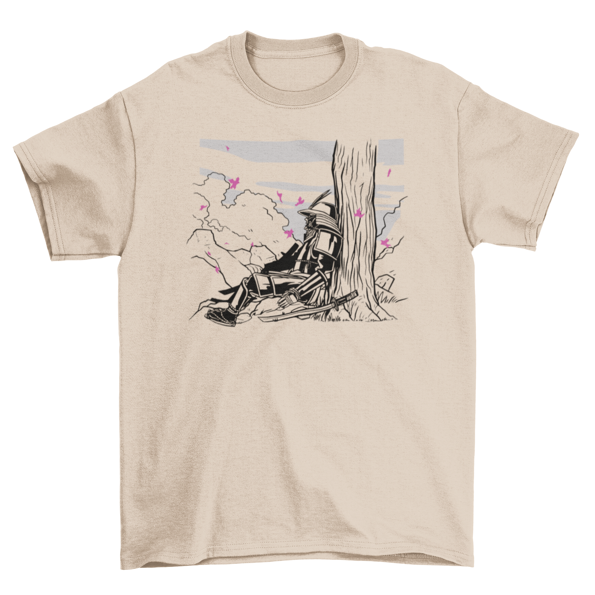 A stylish t-shirt featuring a samurai in armor sitting under a tree, showcasing intricate design details.