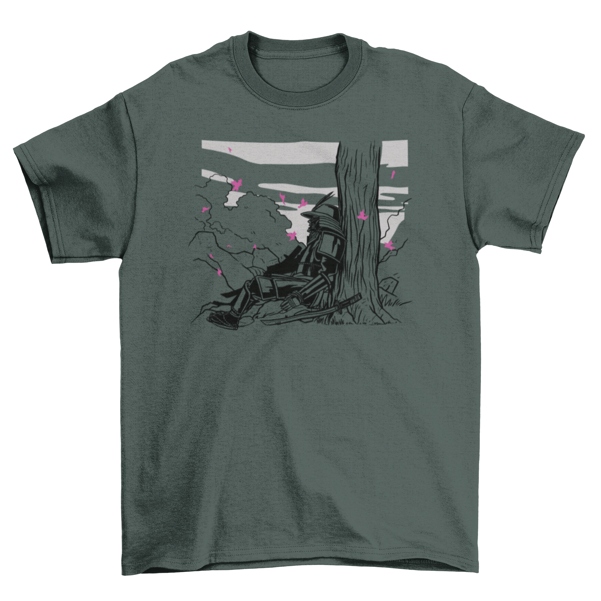 A stylish t-shirt featuring a samurai in armor sitting under a tree, showcasing intricate design details.