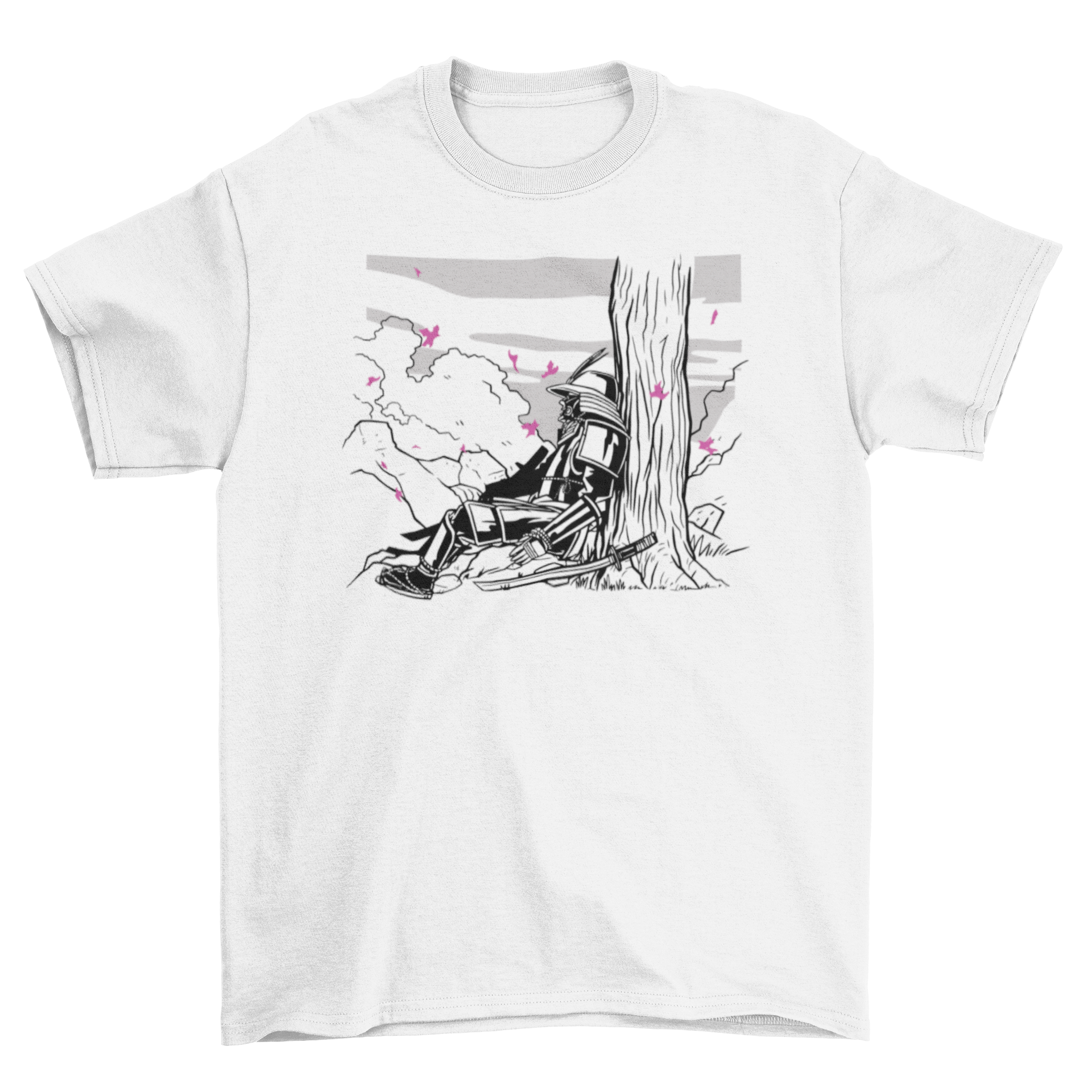 A stylish t-shirt featuring a samurai in armor sitting under a tree, showcasing intricate design details.