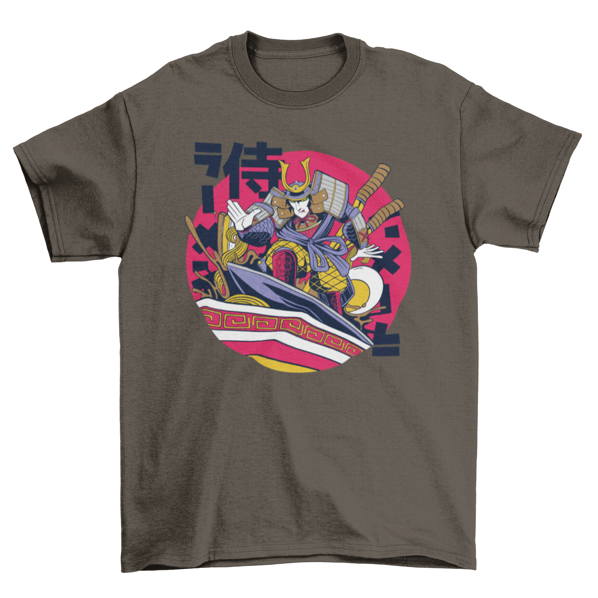 A vibrant t-shirt featuring a samurai surfing in a bowl of ramen, showcasing a unique and playful design.