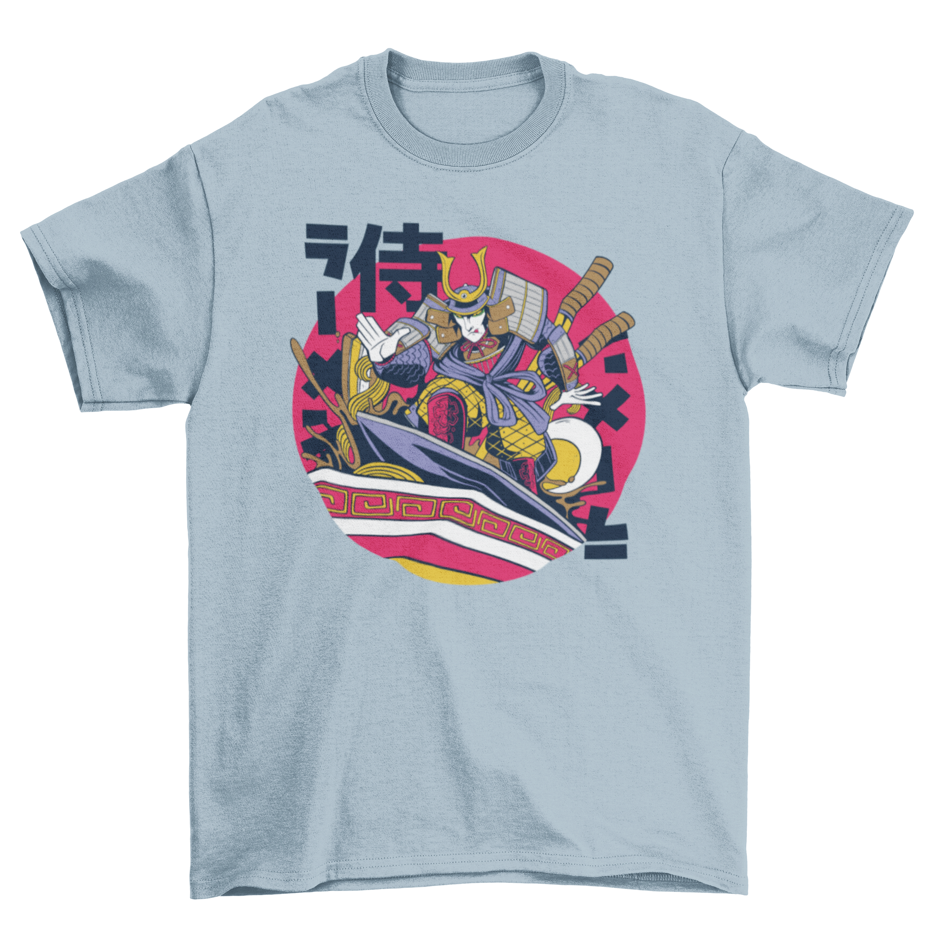 A vibrant t-shirt featuring a samurai surfing in a bowl of ramen, showcasing a unique and playful design.