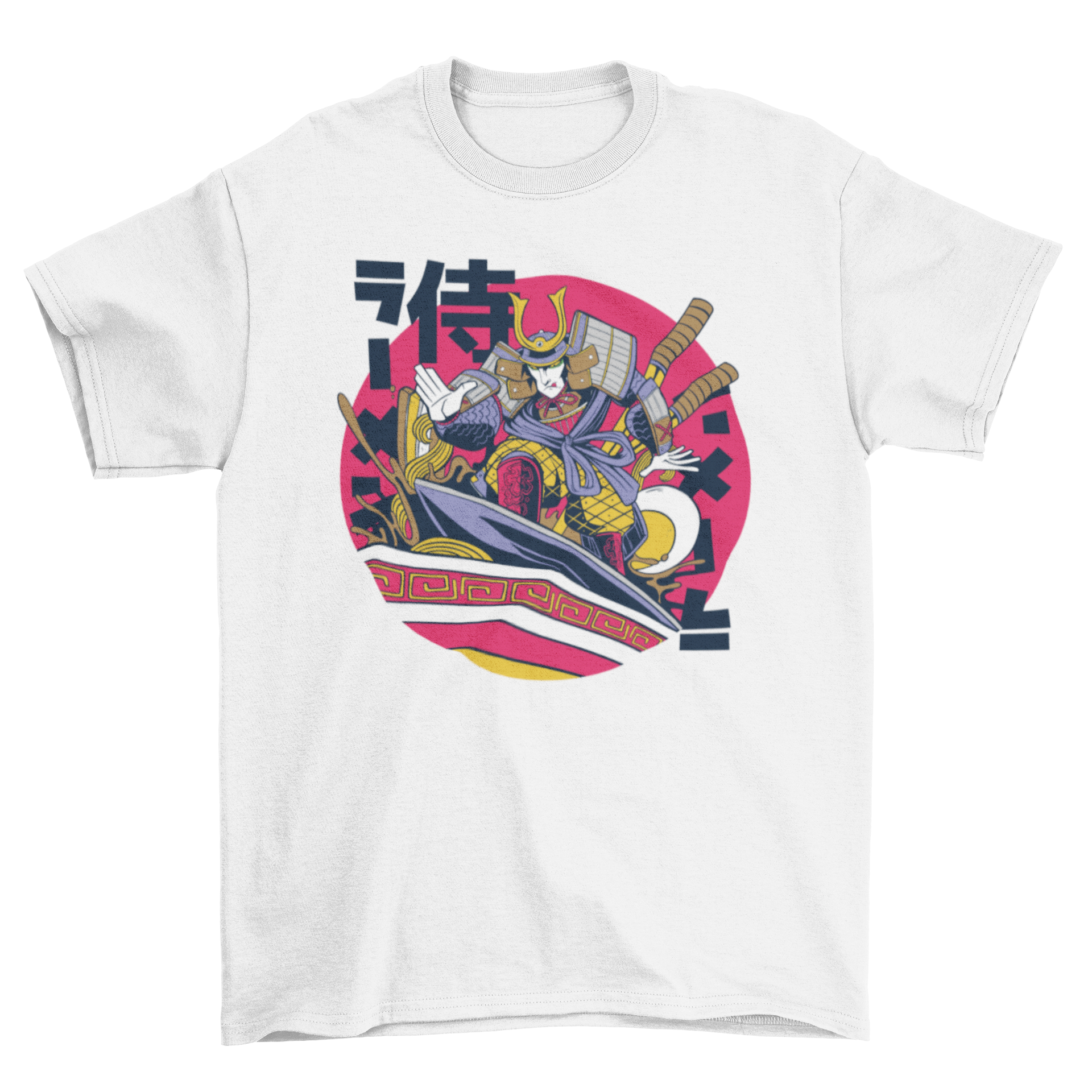 A vibrant t-shirt featuring a samurai surfing in a bowl of ramen, showcasing a unique and playful design.