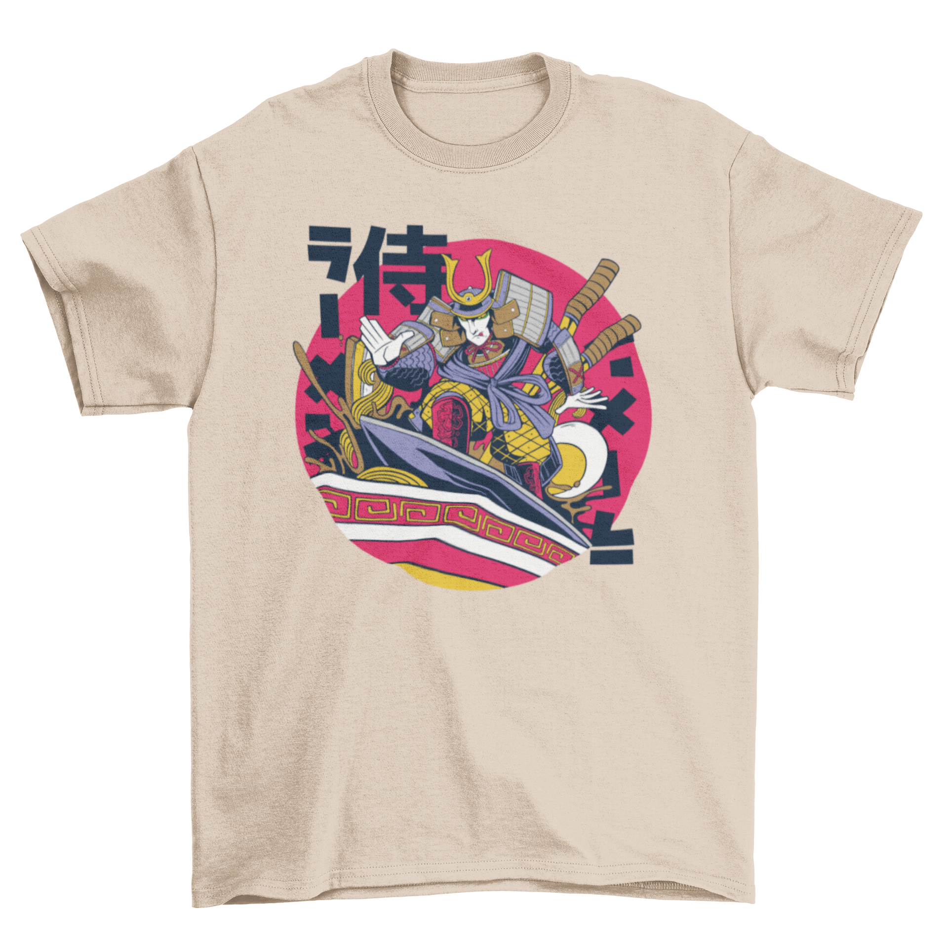 A vibrant t-shirt featuring a samurai surfing in a bowl of ramen, showcasing a unique and playful design.