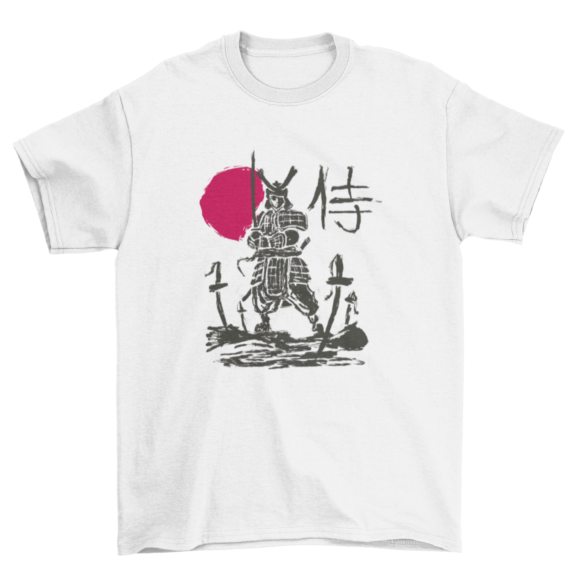 A stylish t-shirt featuring a samurai warrior sketch with a vibrant red sun background, showcasing intricate details and artistic flair.