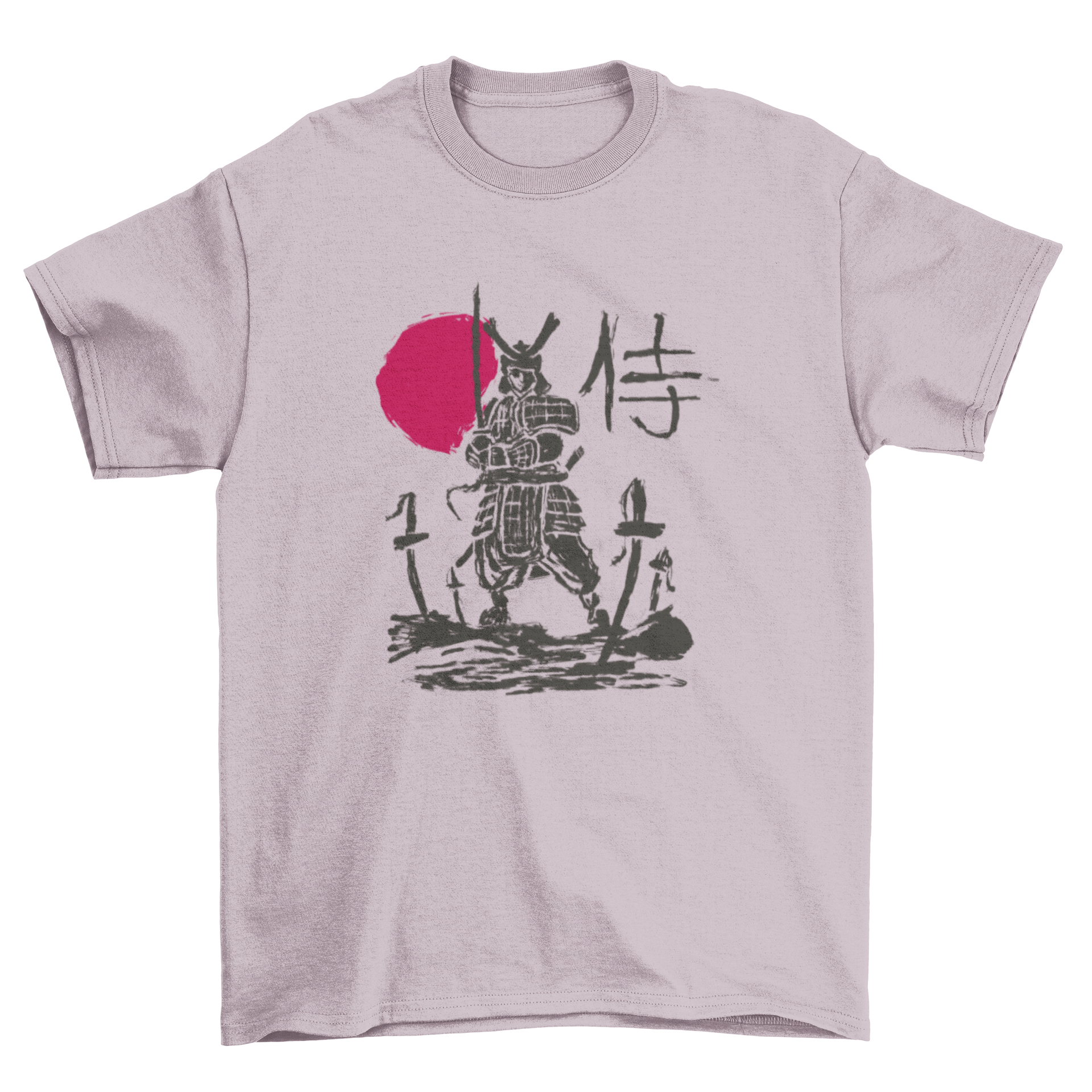 A stylish t-shirt featuring a samurai warrior sketch with a vibrant red sun background, showcasing intricate details and artistic flair.