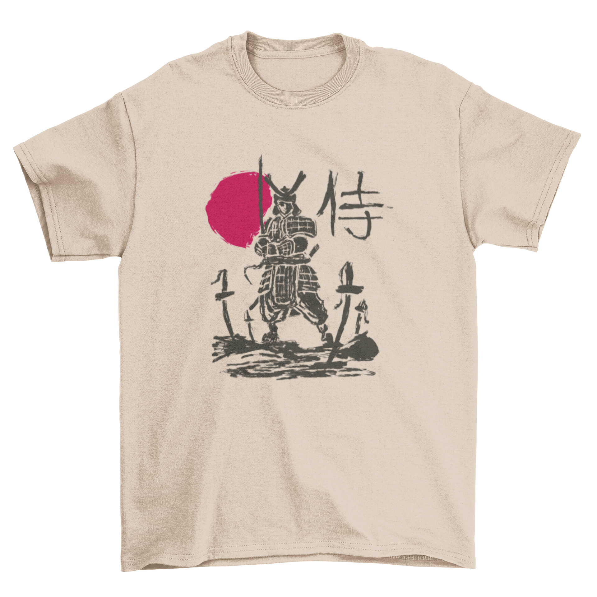 A stylish t-shirt featuring a samurai warrior sketch with a vibrant red sun background, showcasing intricate details and artistic flair.