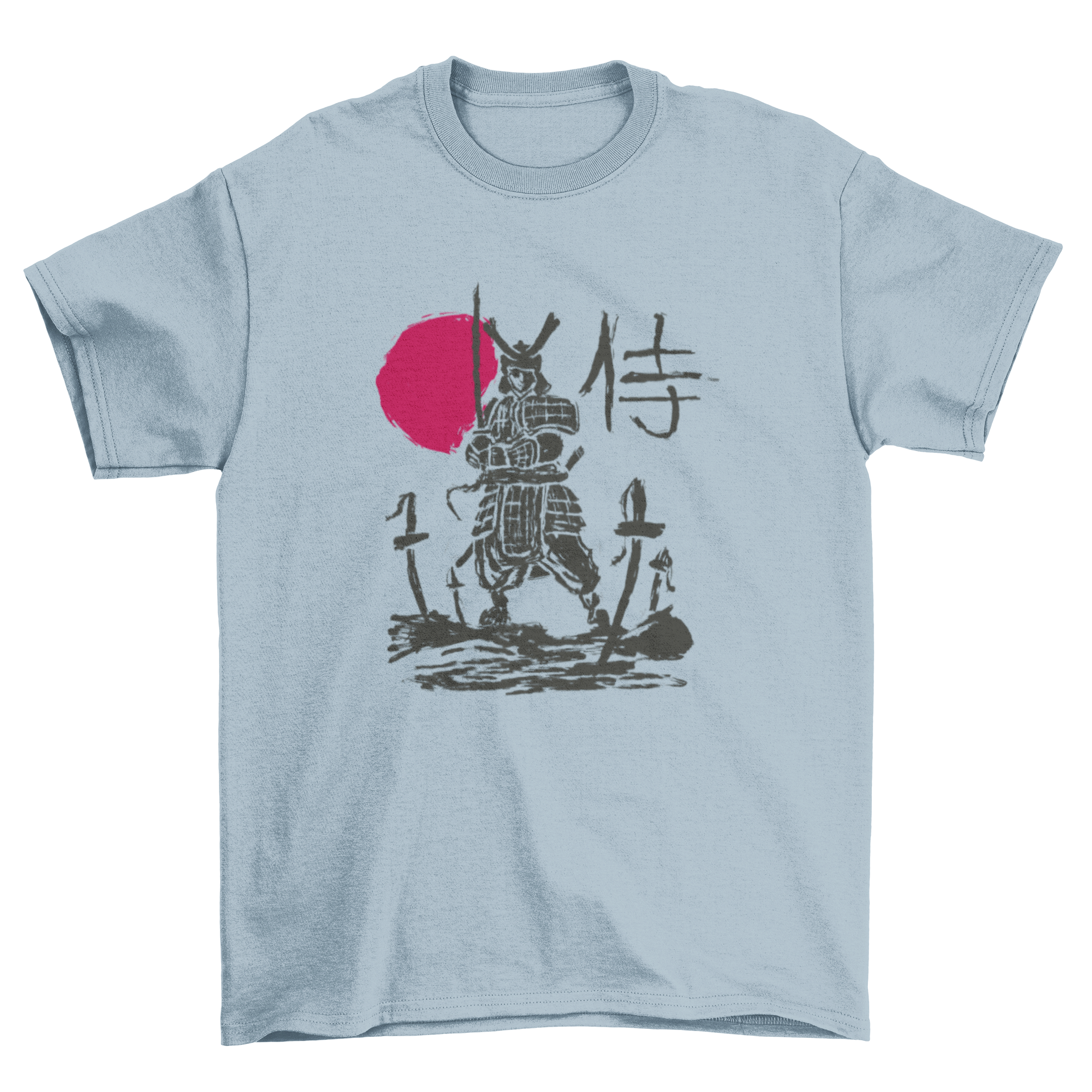 A stylish t-shirt featuring a samurai warrior sketch with a vibrant red sun background, showcasing intricate details and artistic flair.