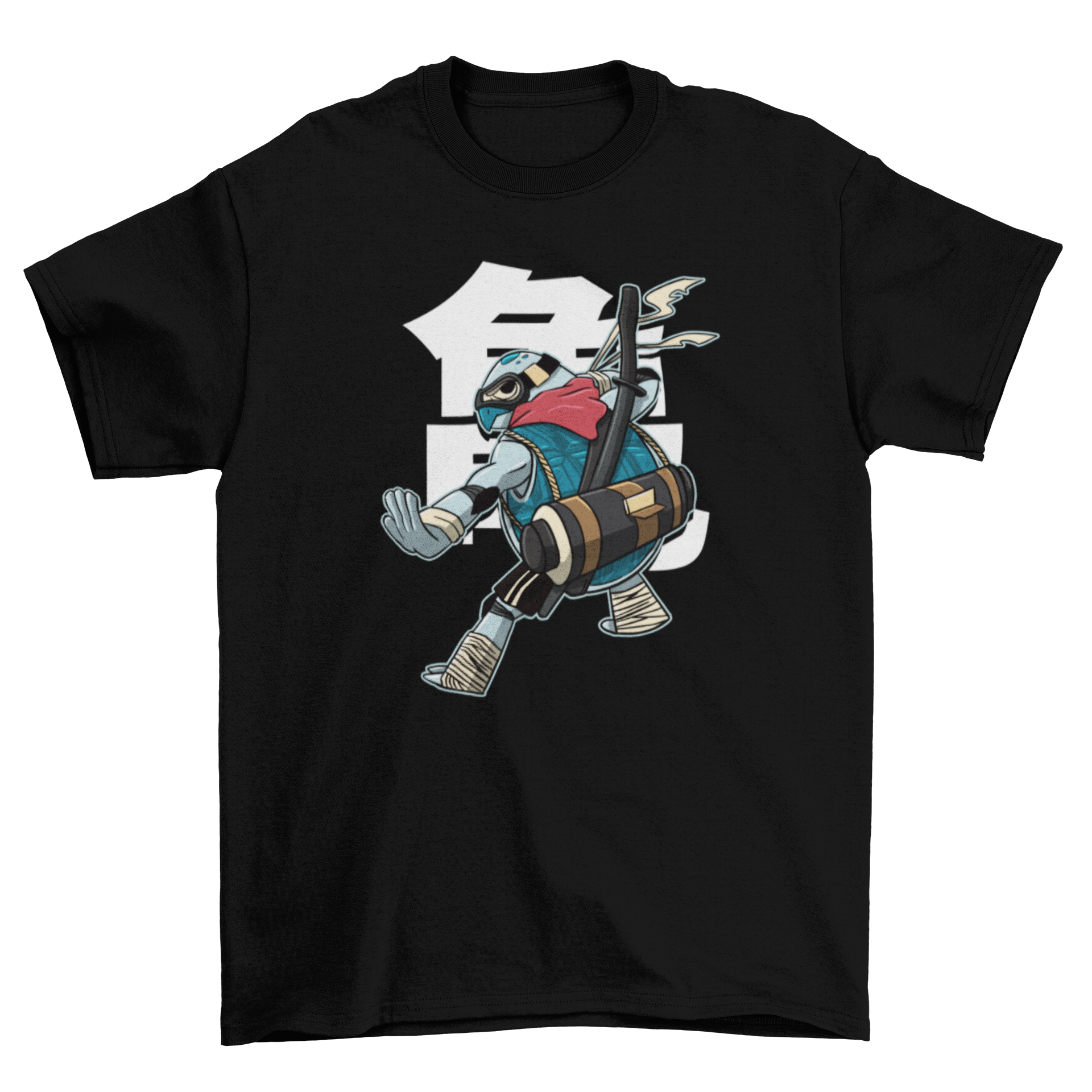 A vibrant t-shirt featuring a turtle dressed as a samurai, complete with swords, showcasing a unique and creative design.