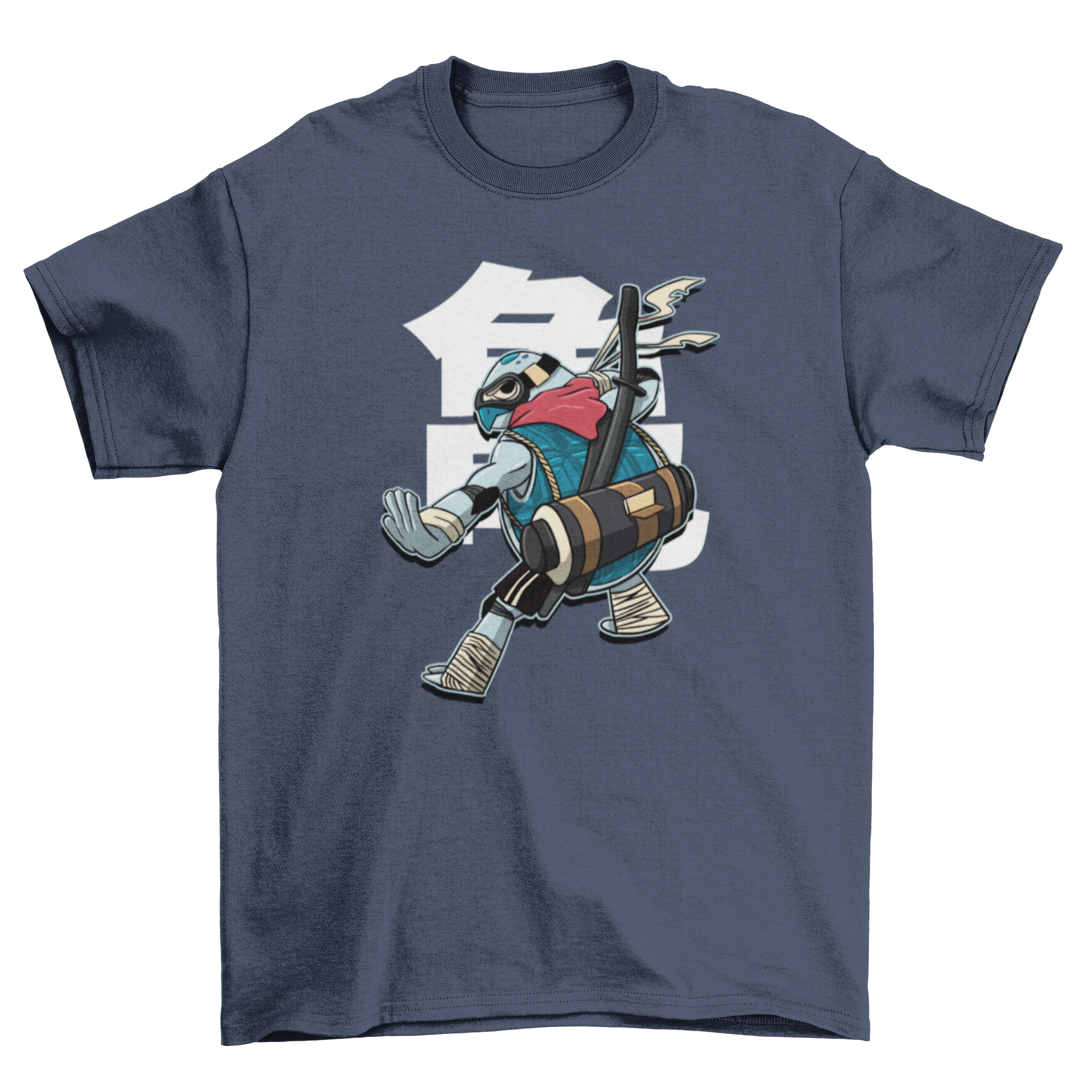 A vibrant t-shirt featuring a turtle dressed as a samurai, complete with swords, showcasing a unique and creative design.