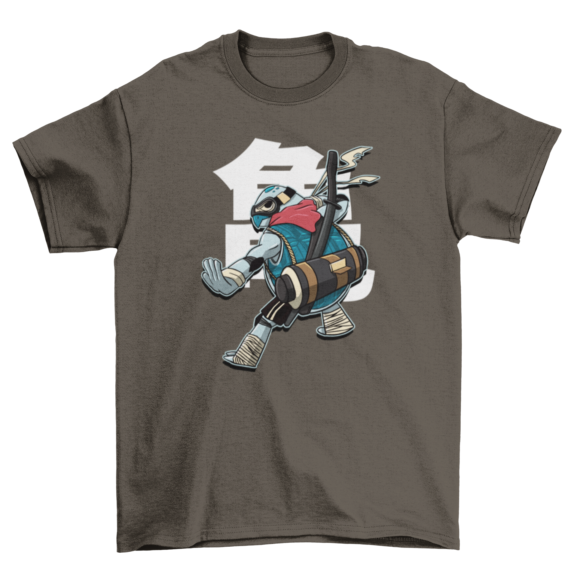 A vibrant t-shirt featuring a turtle dressed as a samurai, complete with swords, showcasing a unique and creative design.