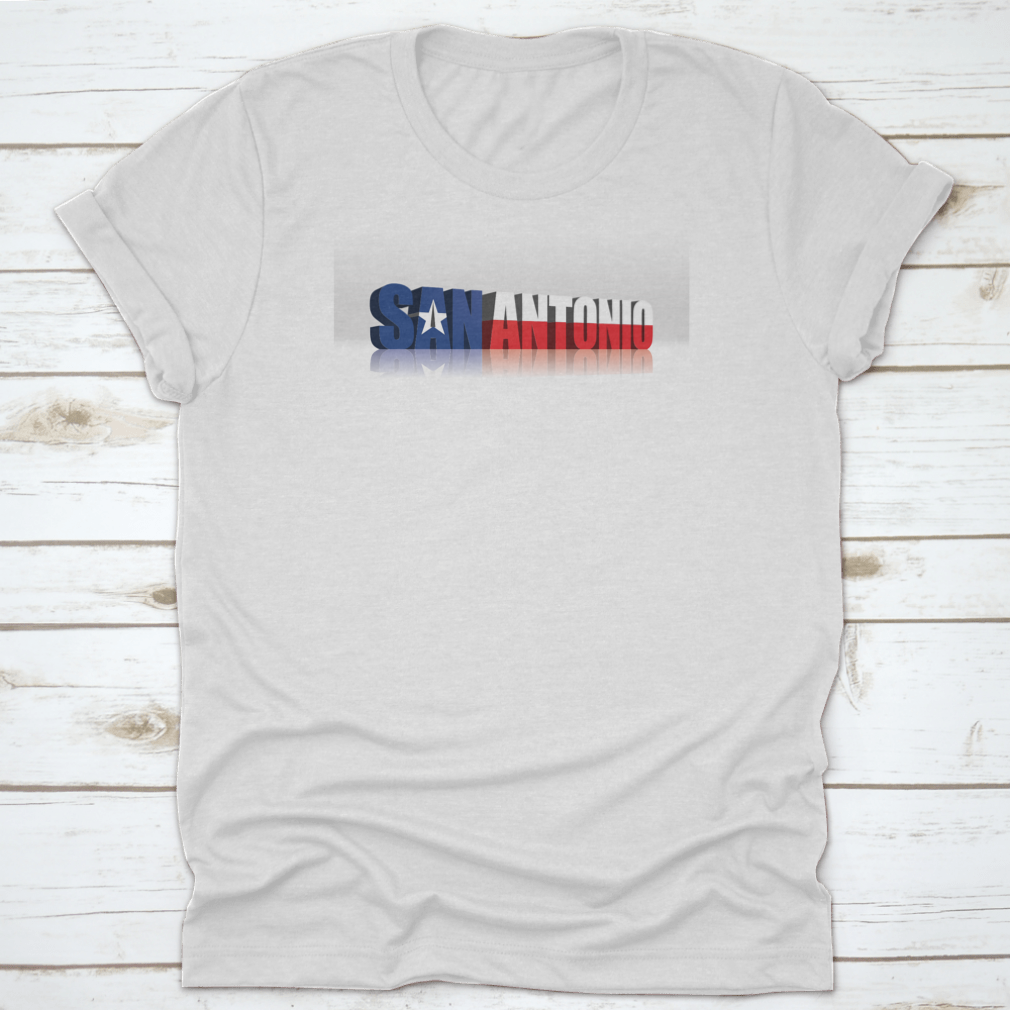 San Antonio American Flag t-shirt featuring a modern 3D style text design, made from 100% cotton with a classic fit.