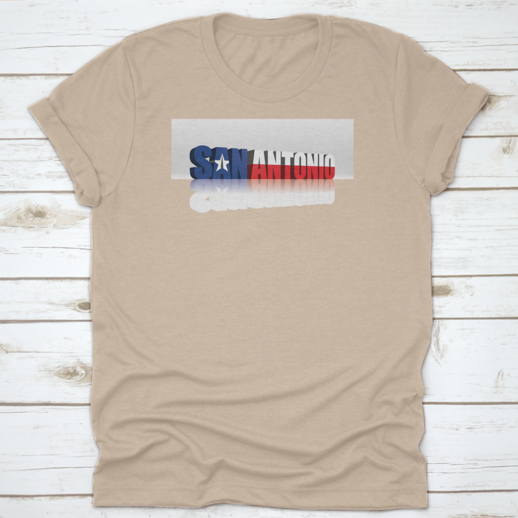 San Antonio American Flag t-shirt featuring a modern 3D style text design, made from 100% cotton with a classic fit.