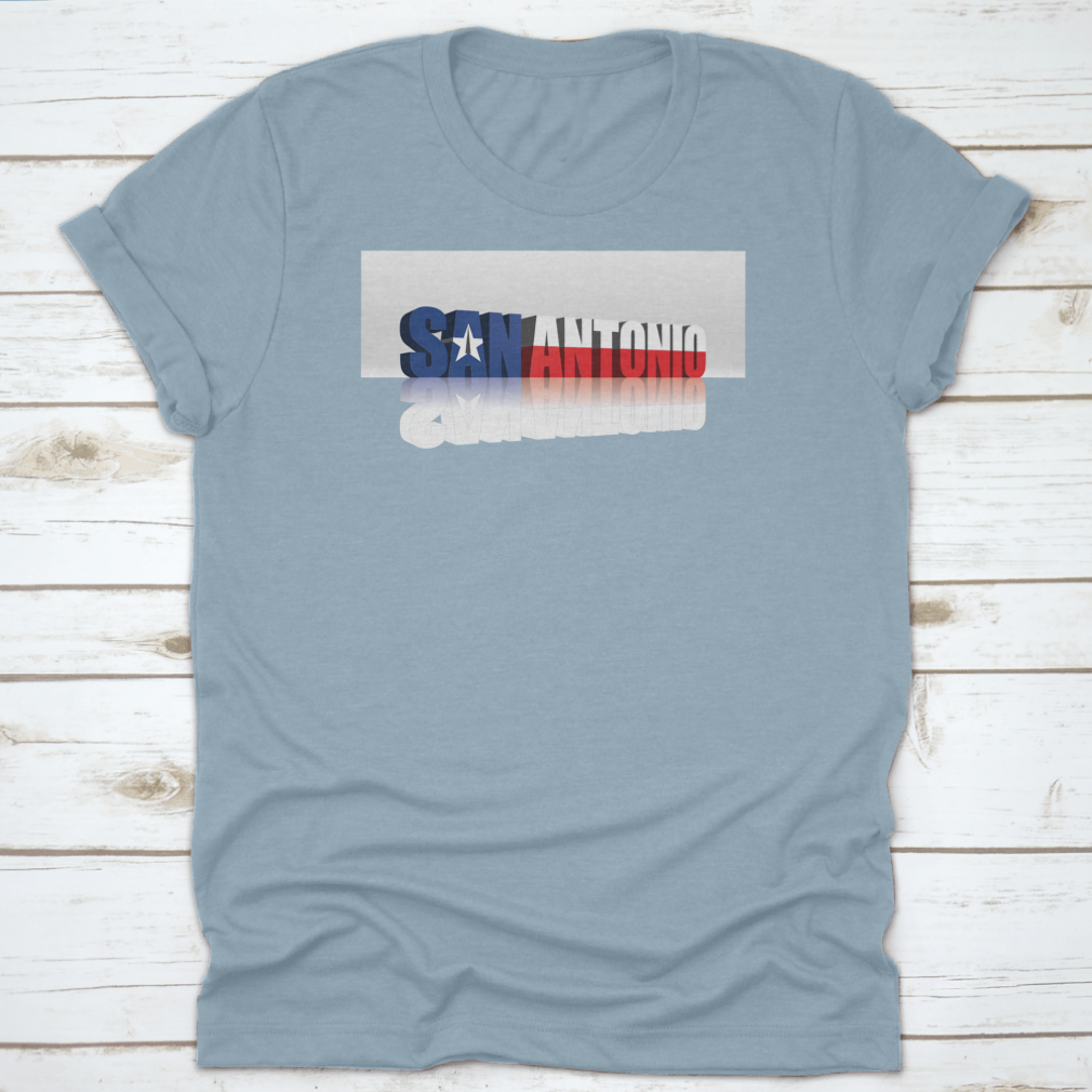 San Antonio American Flag t-shirt featuring a modern 3D style text design, made from 100% cotton with a classic fit.