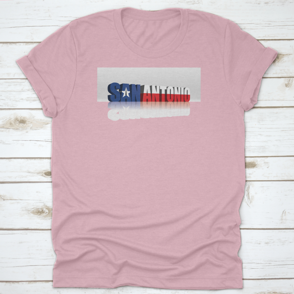 San Antonio American Flag t-shirt featuring a modern 3D style text design, made from 100% cotton with a classic fit.