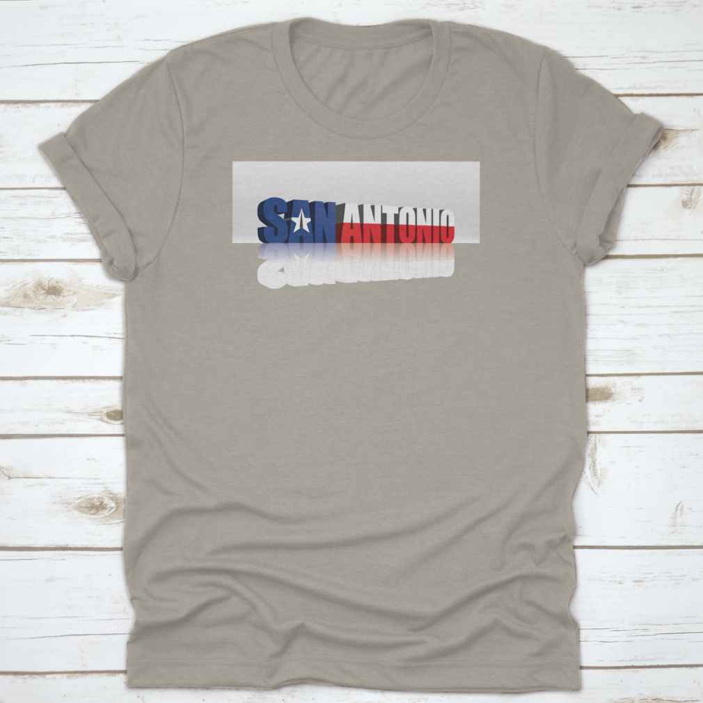 San Antonio American Flag t-shirt featuring a modern 3D style text design, made from 100% cotton with a classic fit.