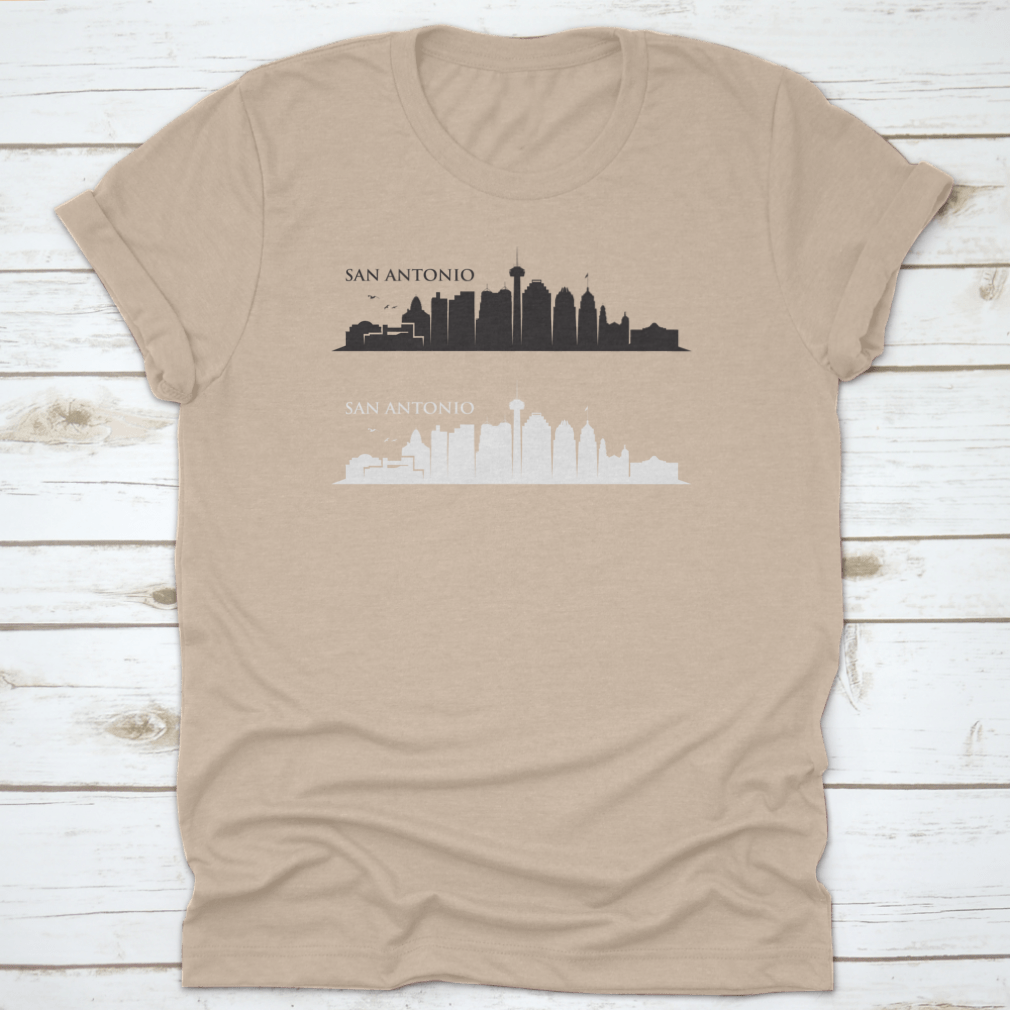 A detailed black and white vector illustration of the San Antonio skyline featuring iconic buildings and landmarks.