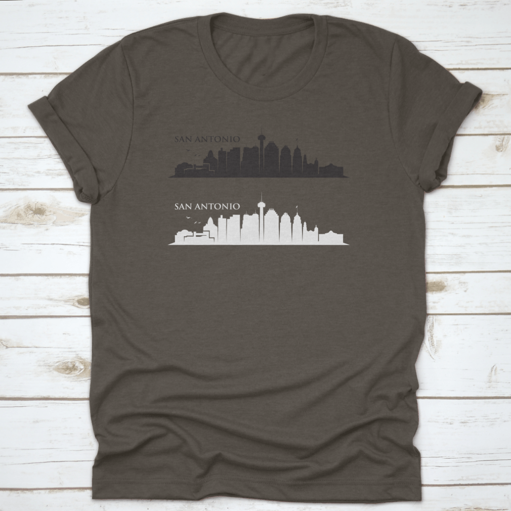 A detailed black and white vector illustration of the San Antonio skyline featuring iconic buildings and landmarks.