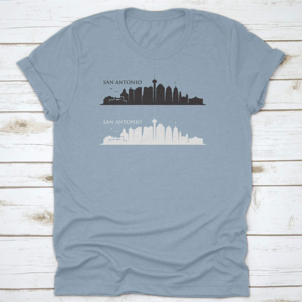 A detailed black and white vector illustration of the San Antonio skyline featuring iconic buildings and landmarks.